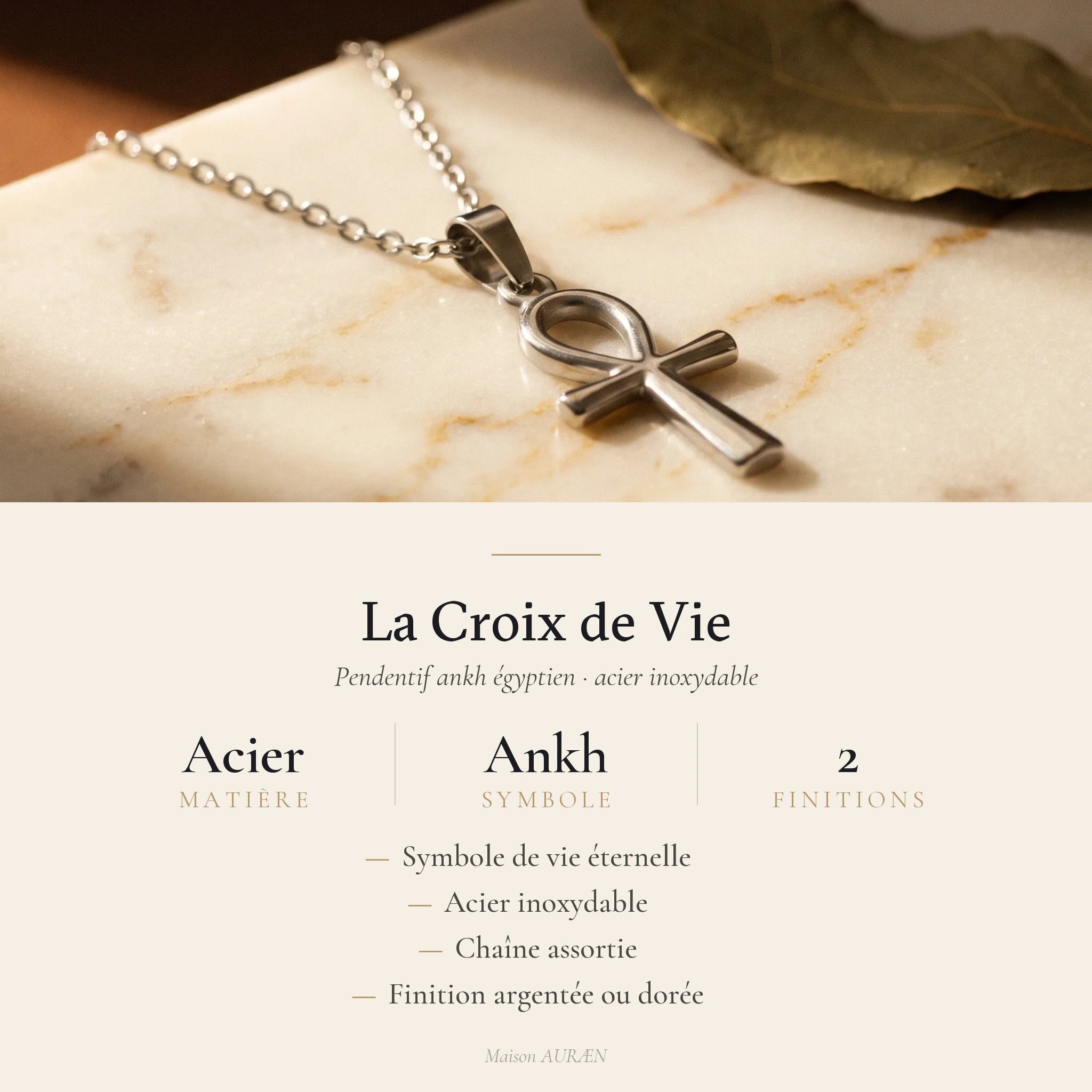 La Croix de Vie — Pendentif Ankh égyptien acier inoxydable (2 finitions) — fiche d'information · AURÆN Objets Sacrés