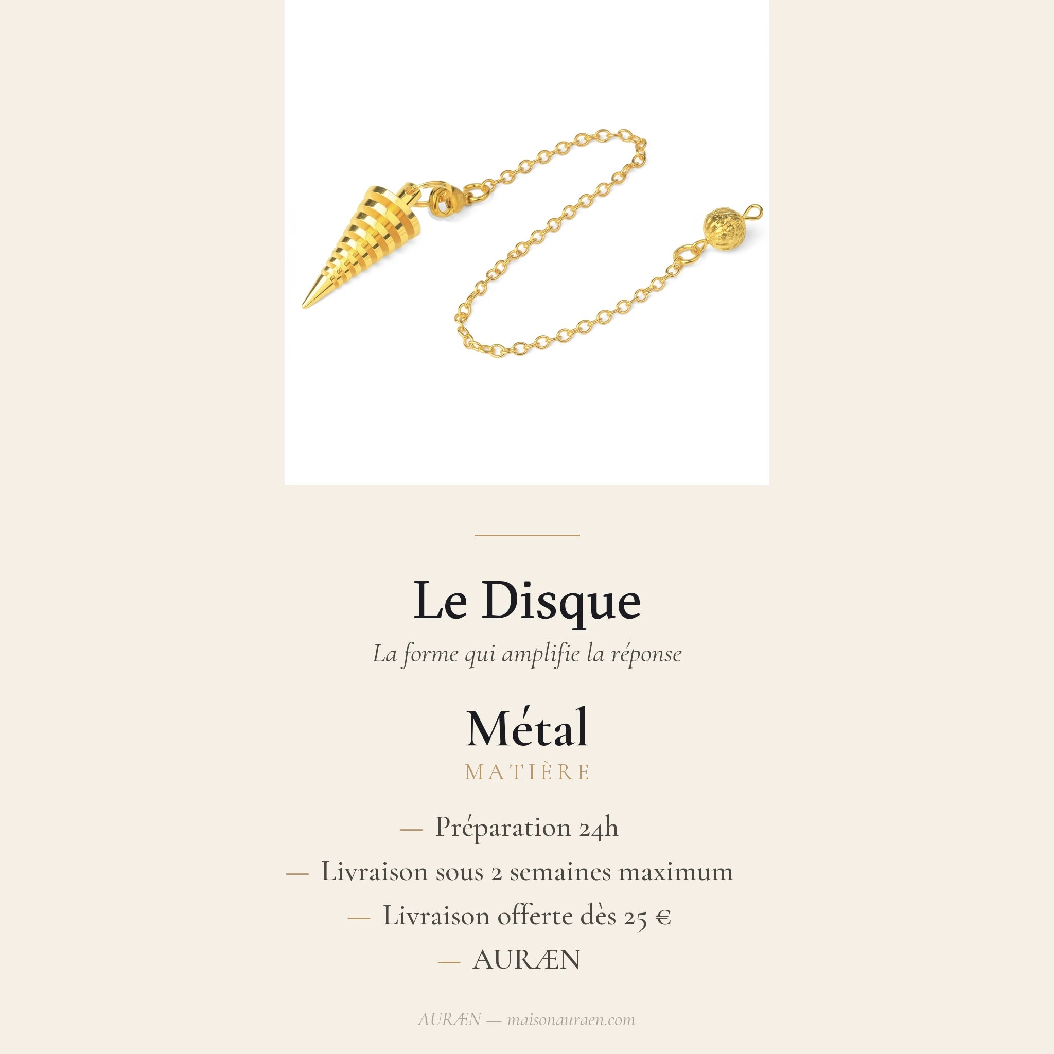 Le Disque — Pendule divinatoire à disque métallique — fiche d'information · AURÆN Objets Sacrés