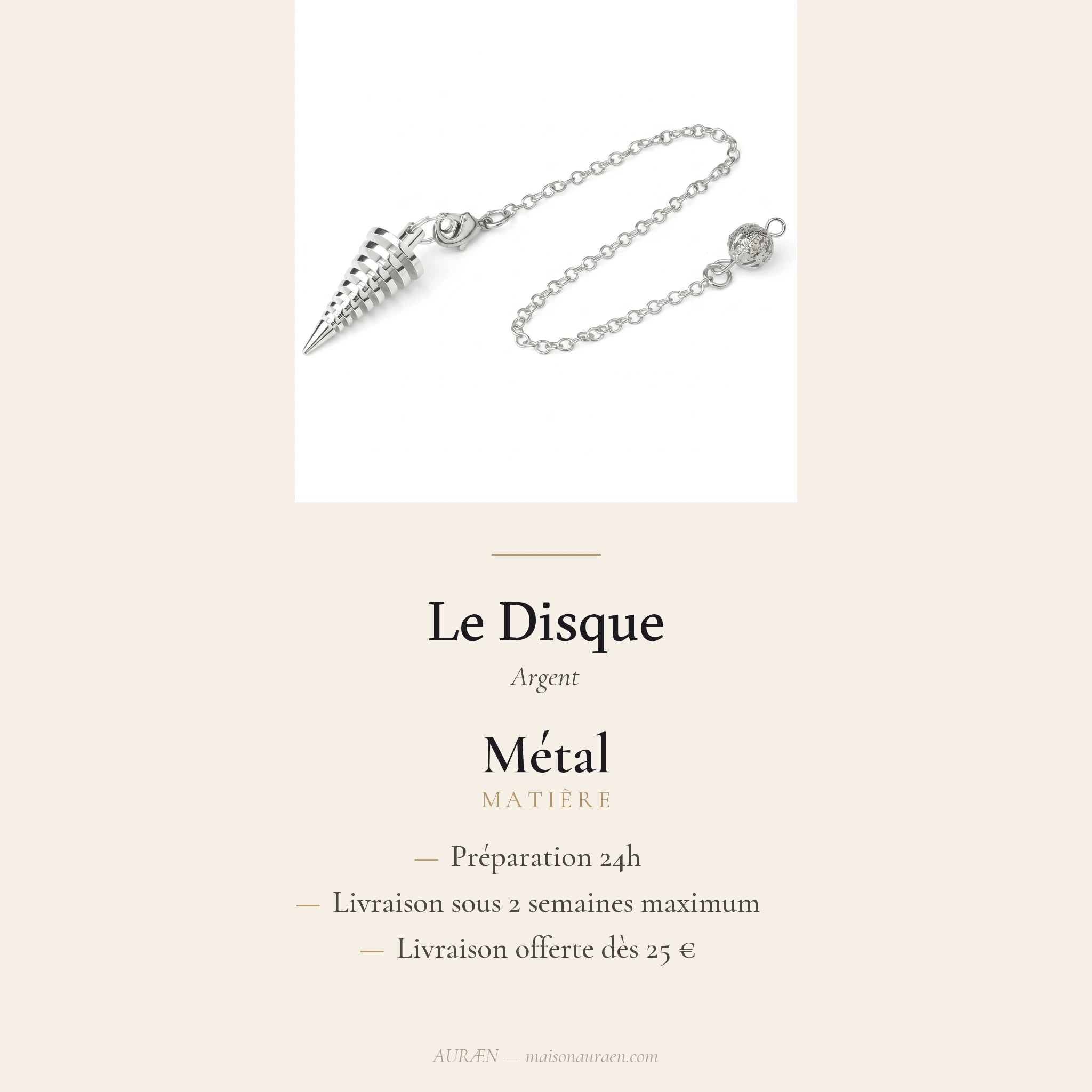Le Disque — Pendule divinatoire à disque métallique — fiche d'information · AURÆN Objets Sacrés