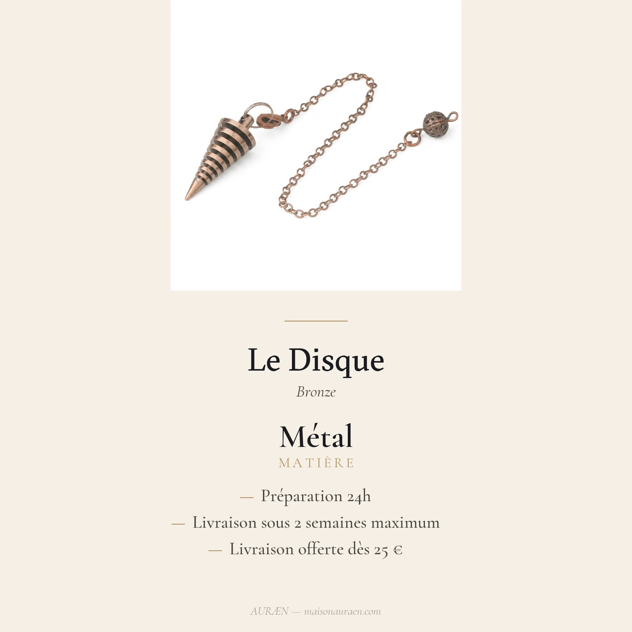 Le Disque — Pendule divinatoire à disque métallique — fiche d'information · AURÆN Objets Sacrés