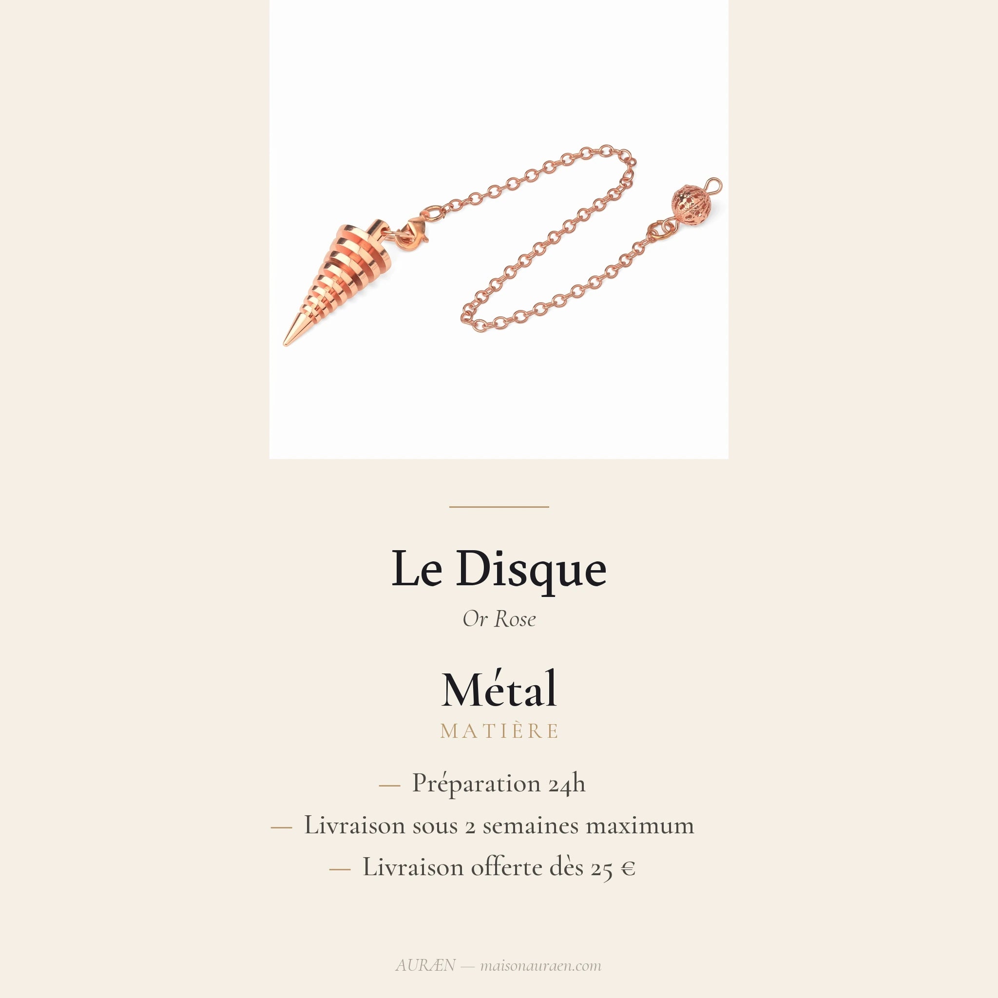Le Disque — Pendule divinatoire à disque métallique — fiche d'information · AURÆN Objets Sacrés