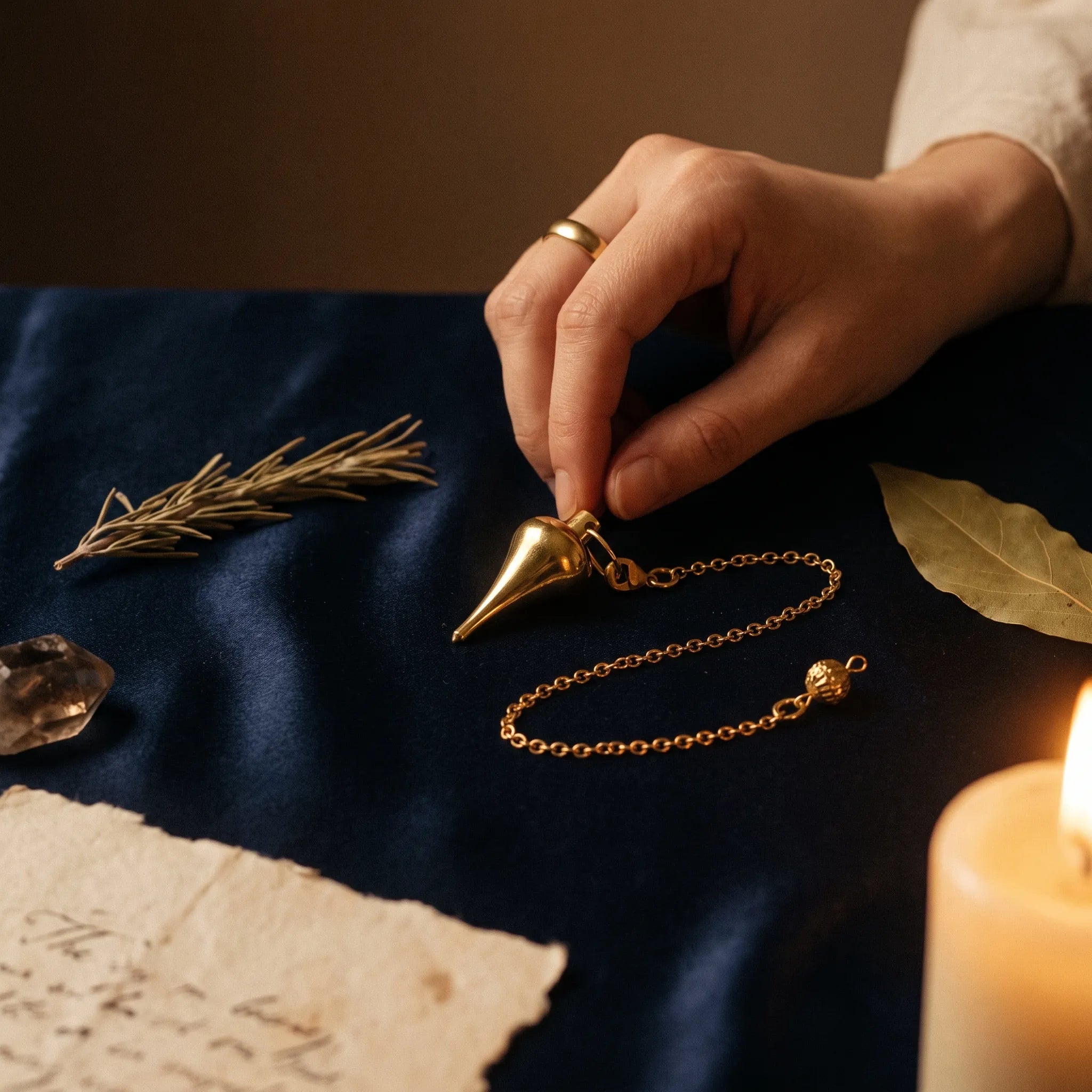 La Goutte — Pendule de radiesthésie en goutte métal — mise en scène rituelle · AURÆN Objets Sacrés