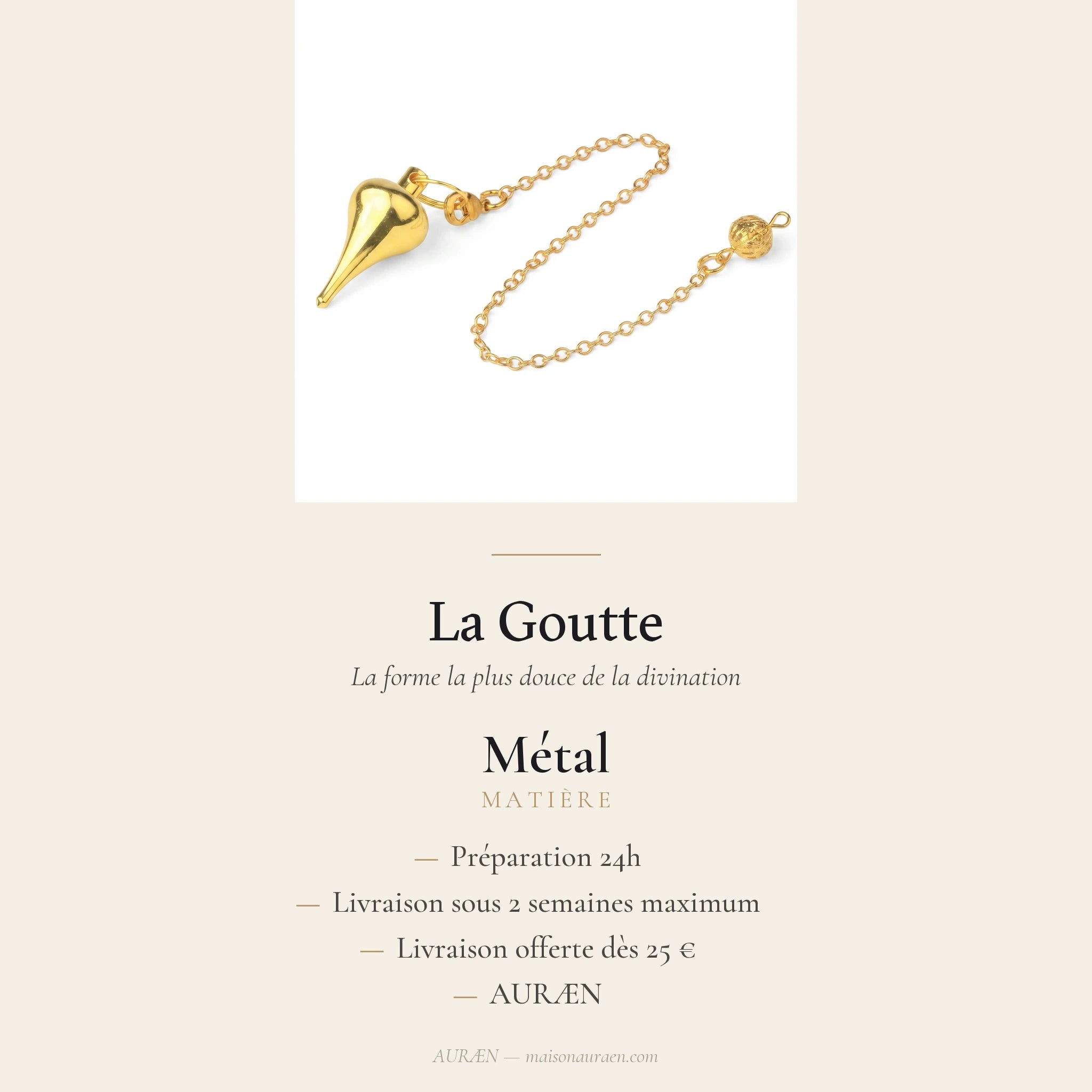 La Goutte — Pendule de radiesthésie en goutte métal — fiche d'information · AURÆN Objets Sacrés