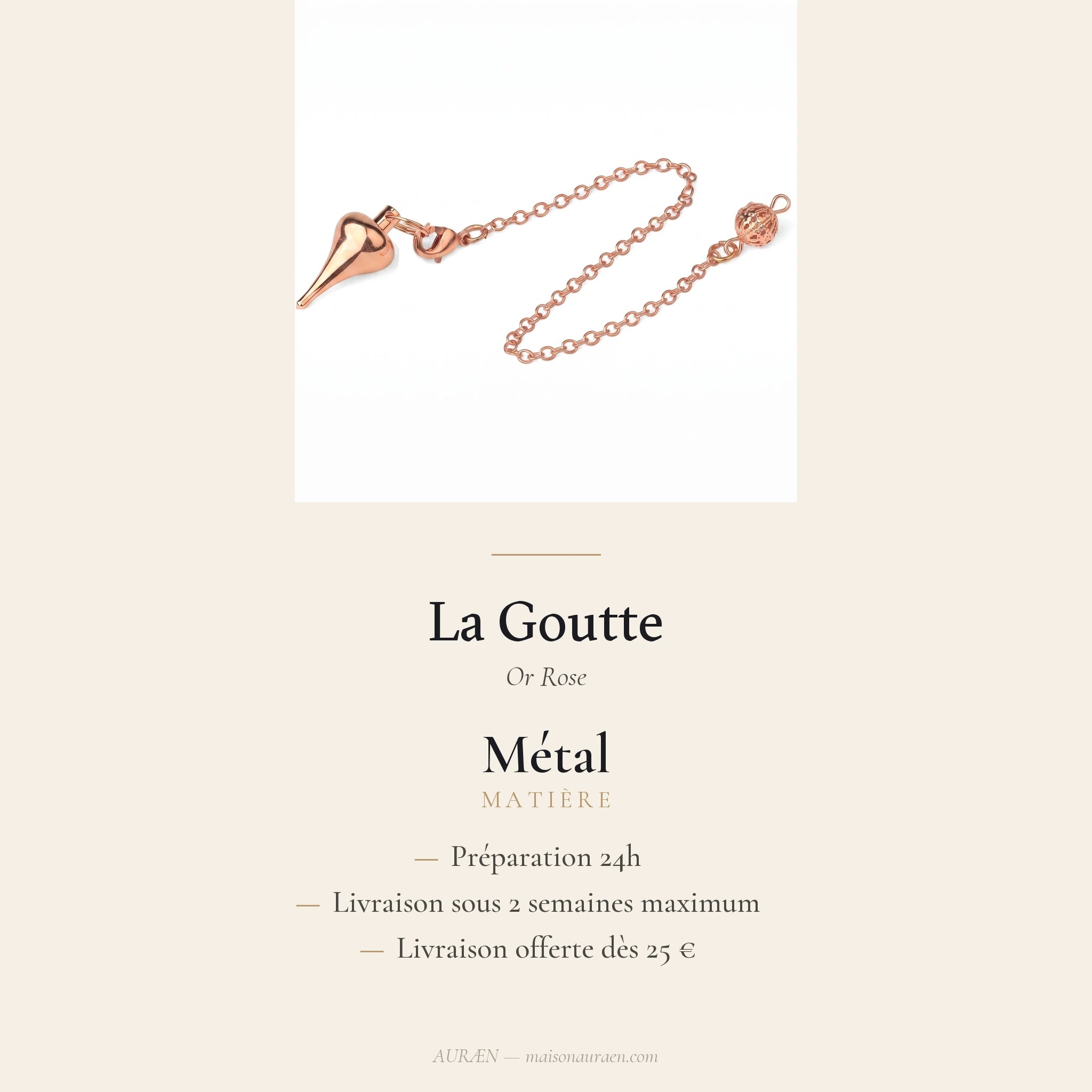La Goutte — Pendule de radiesthésie en goutte métal — fiche d'information · AURÆN Objets Sacrés