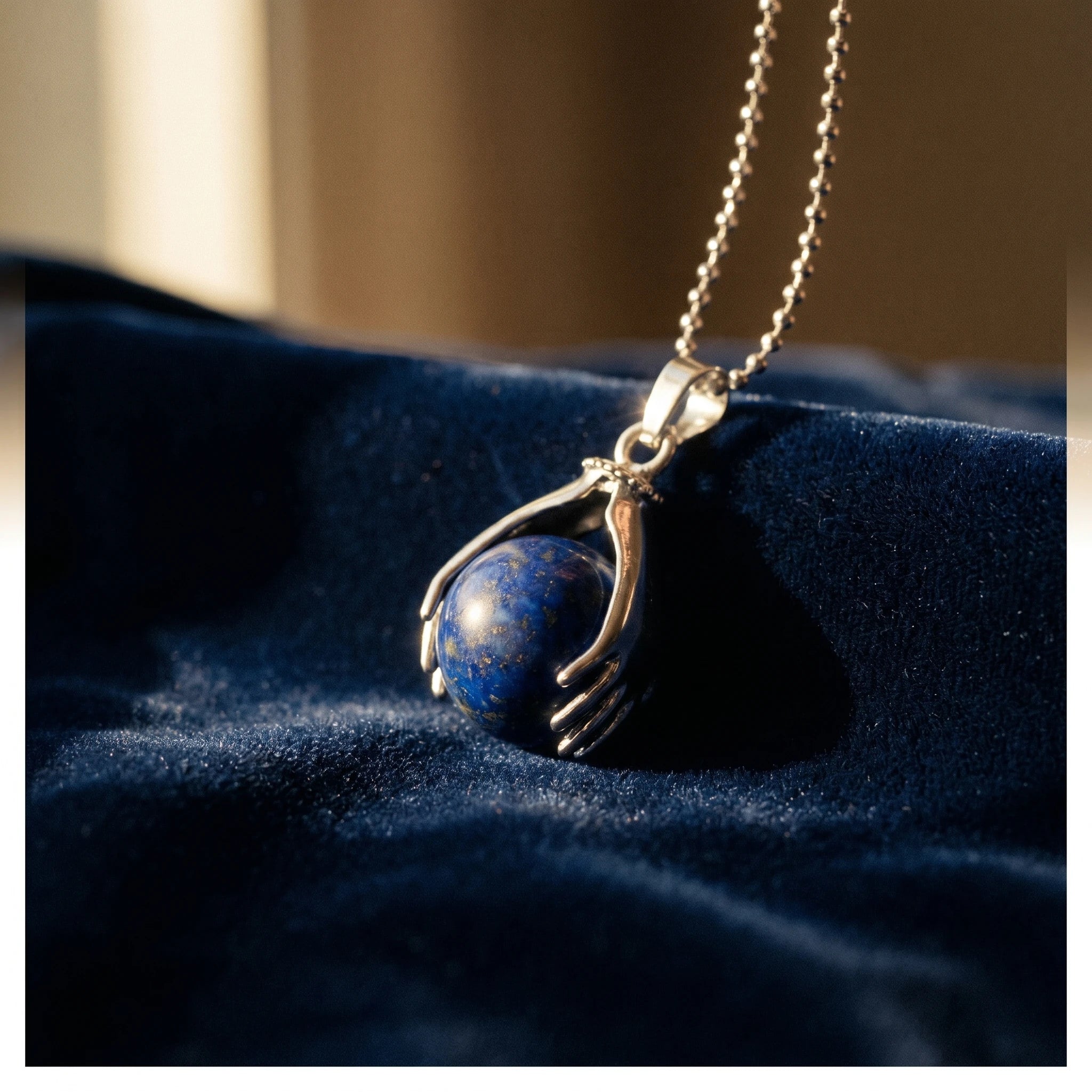 Le Lapis Lazuli — Collier pendentif bleu royal — détail matière · AURÆN Pierres d'Âme