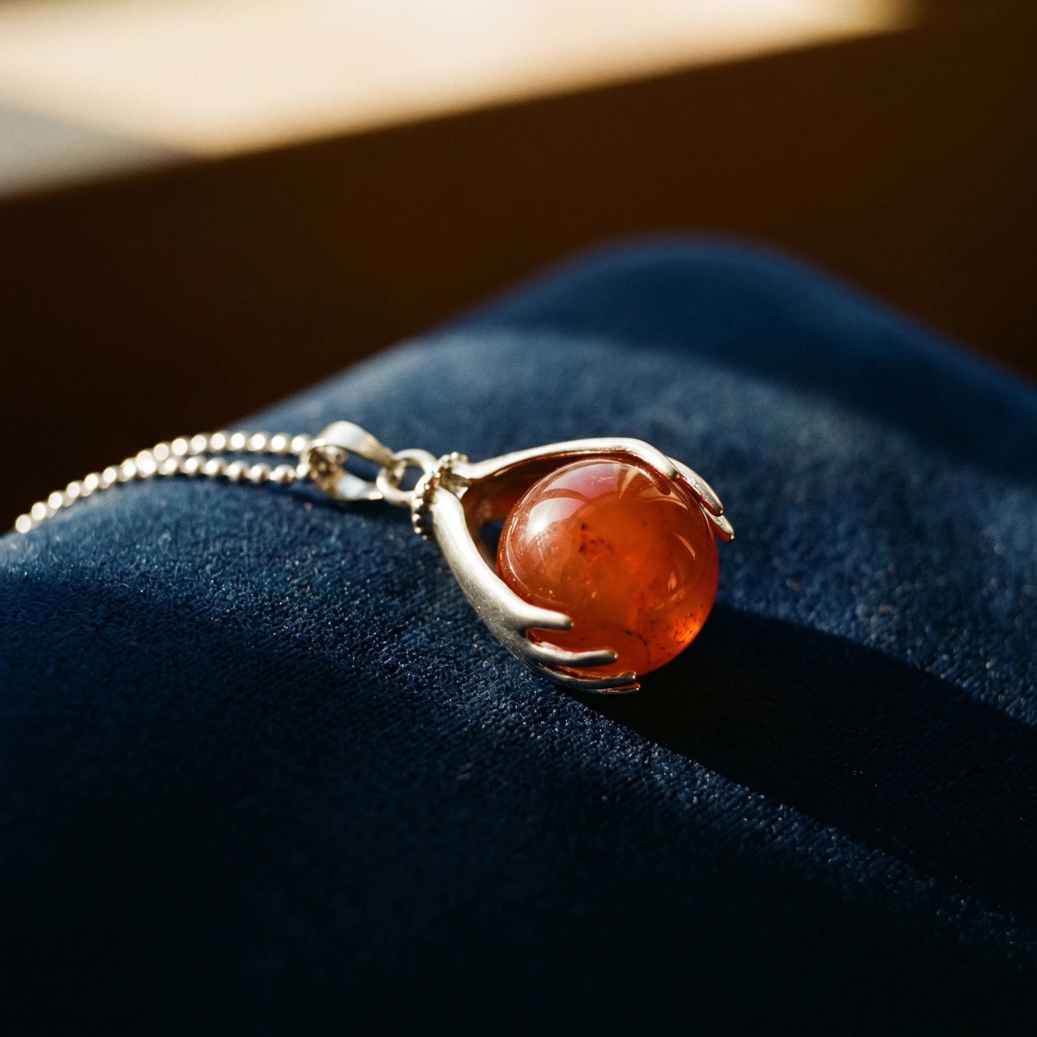 L'Agate Rouge — Collier pendentif pierre de feu — détail matière · AURÆN Pierres d'Âme