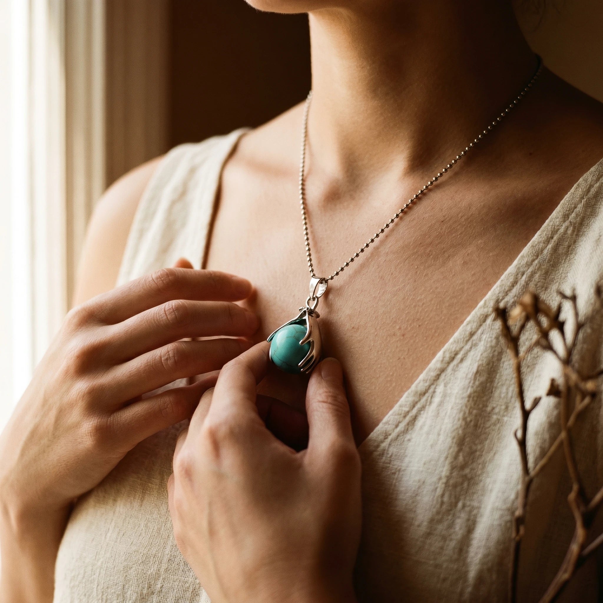 La Turquoise — Collier pendentif pierre du voyage — porté · AURÆN Pierres d'Âme