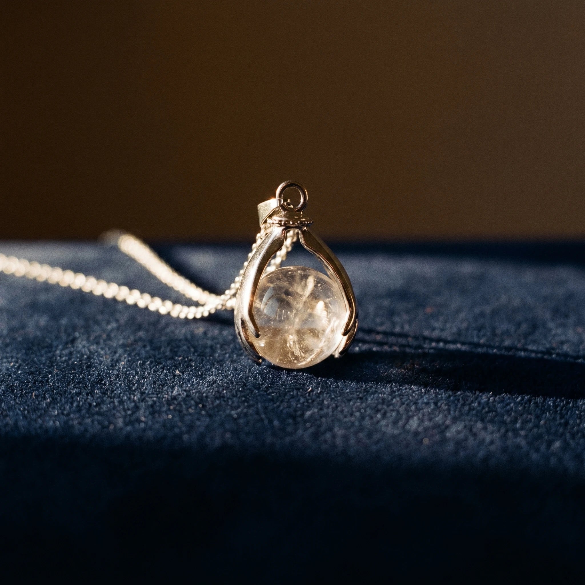 Le Cristal de Roche — Collier pendentif transparent — détail matière · AURÆN Pierres d'Âme