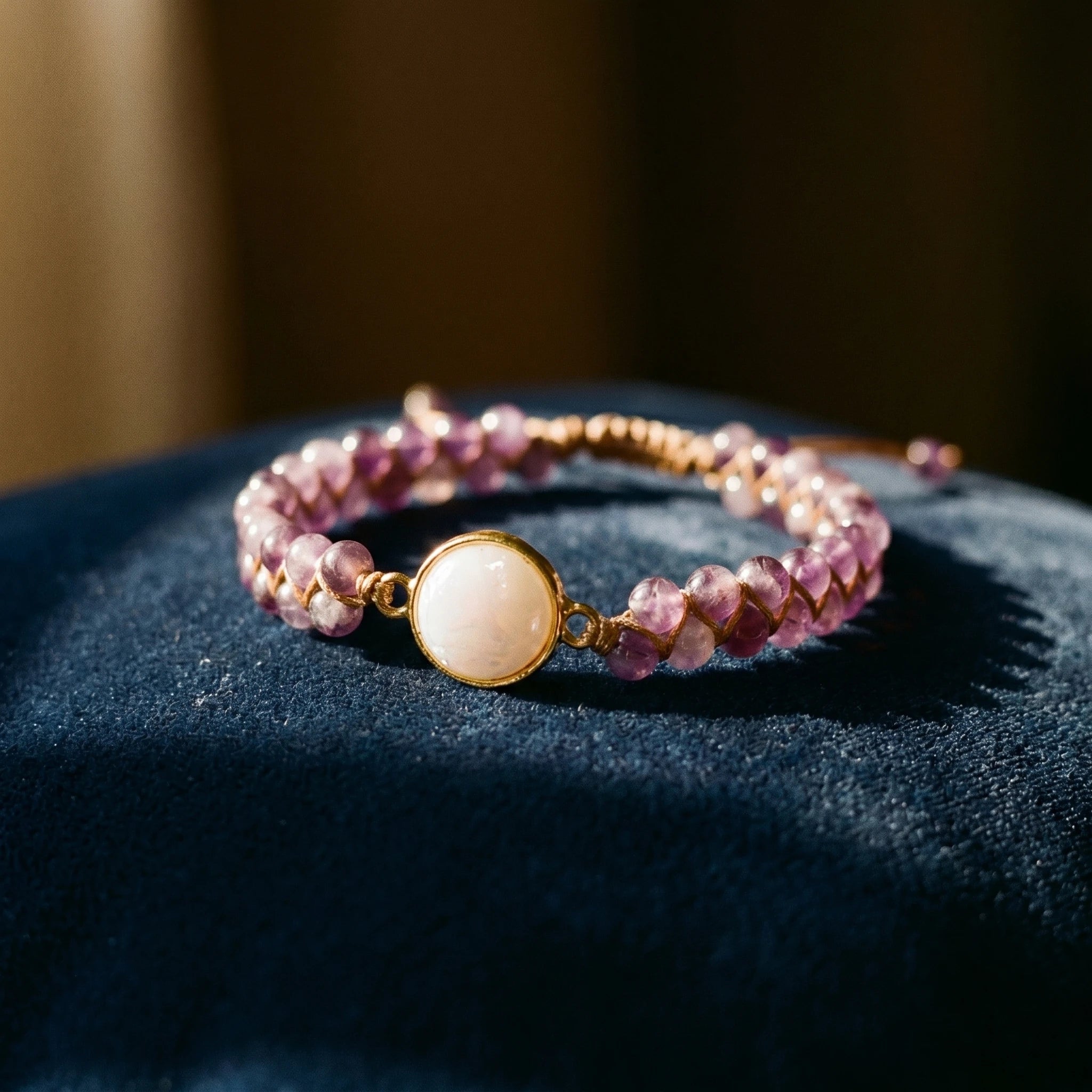 L'Améthyste — Bracelet pierre du calme — détail matière · AURÆN Pierres d'Âme