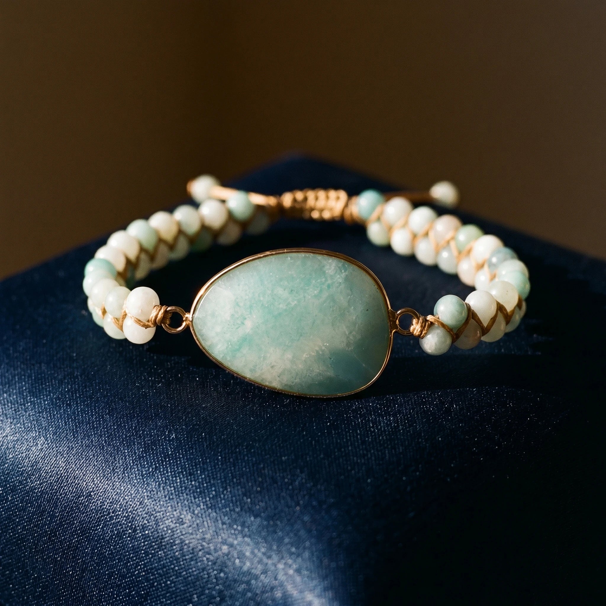 L'Amazonite — Bracelet pierre verte d'apaisement — détail matière · AURÆN Pierres d'Âme
