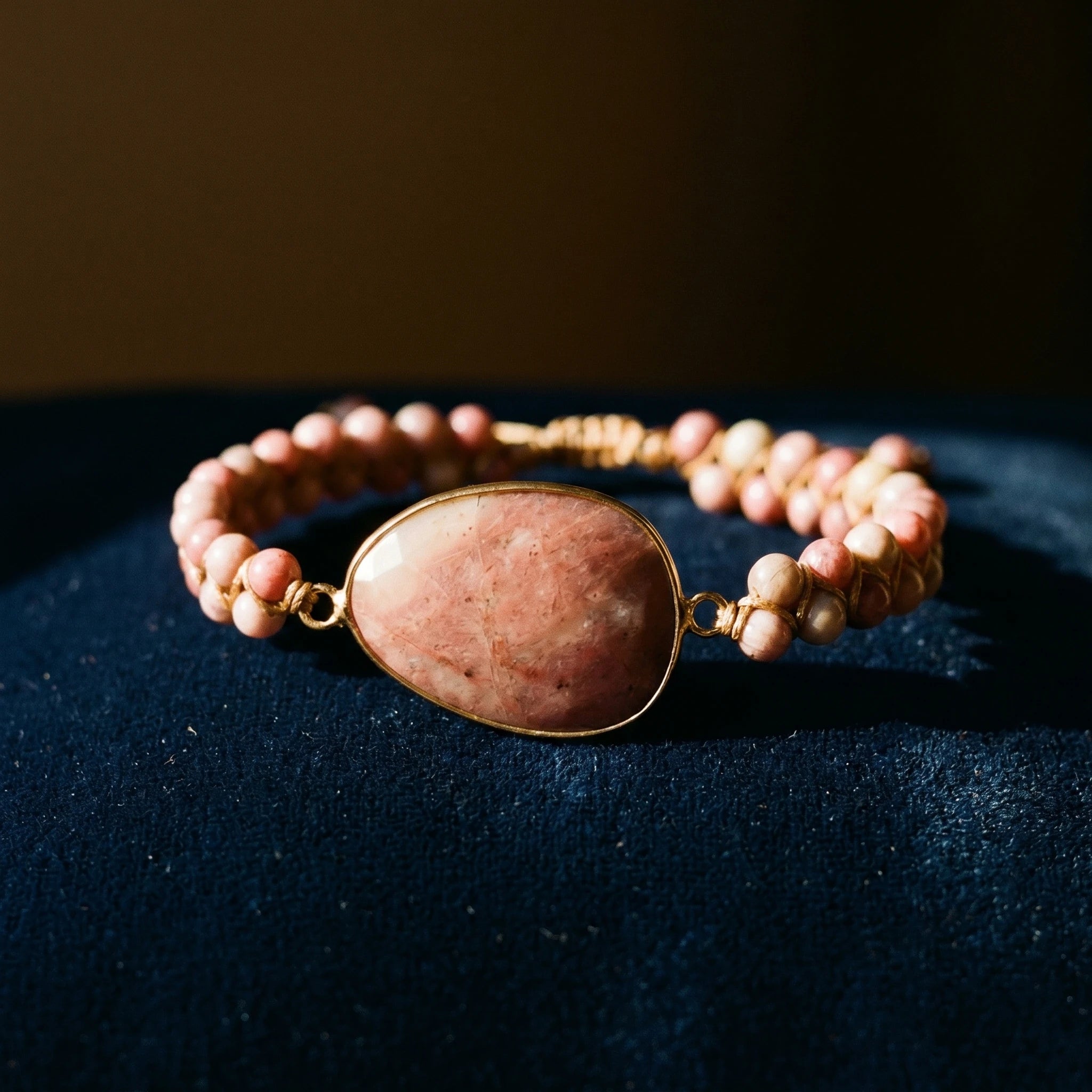 La Rhodonite — Bracelet pierre rose du pardon — détail matière · AURÆN Pierres d'Âme