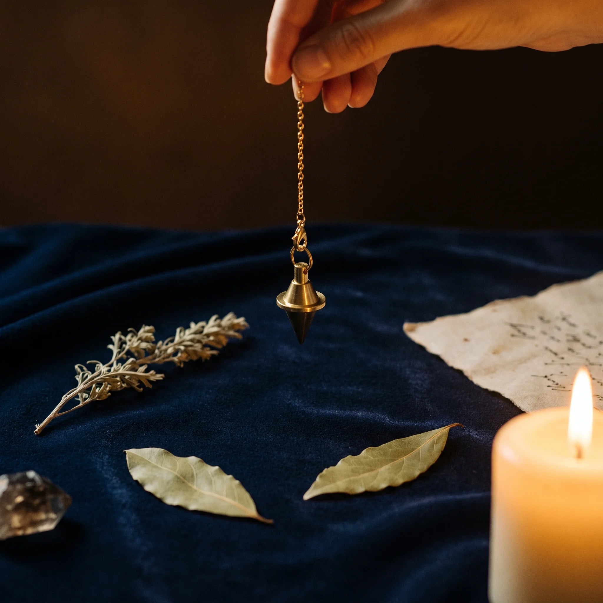 Le Classique — Pendule de divination métal — mise en scène rituelle · AURÆN Objets Sacrés