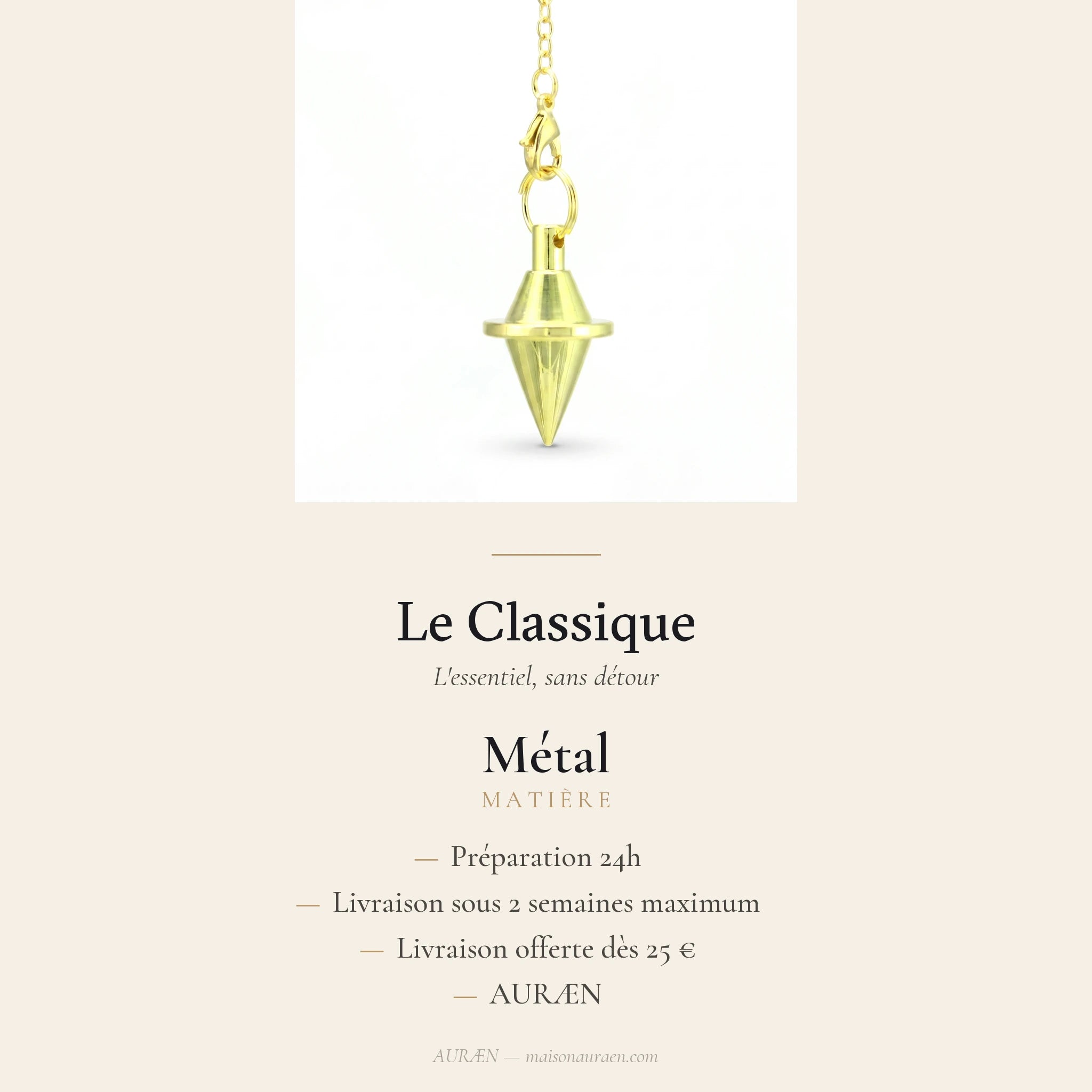 Le Classique — Pendule de divination métal — fiche d'information · AURÆN Objets Sacrés
