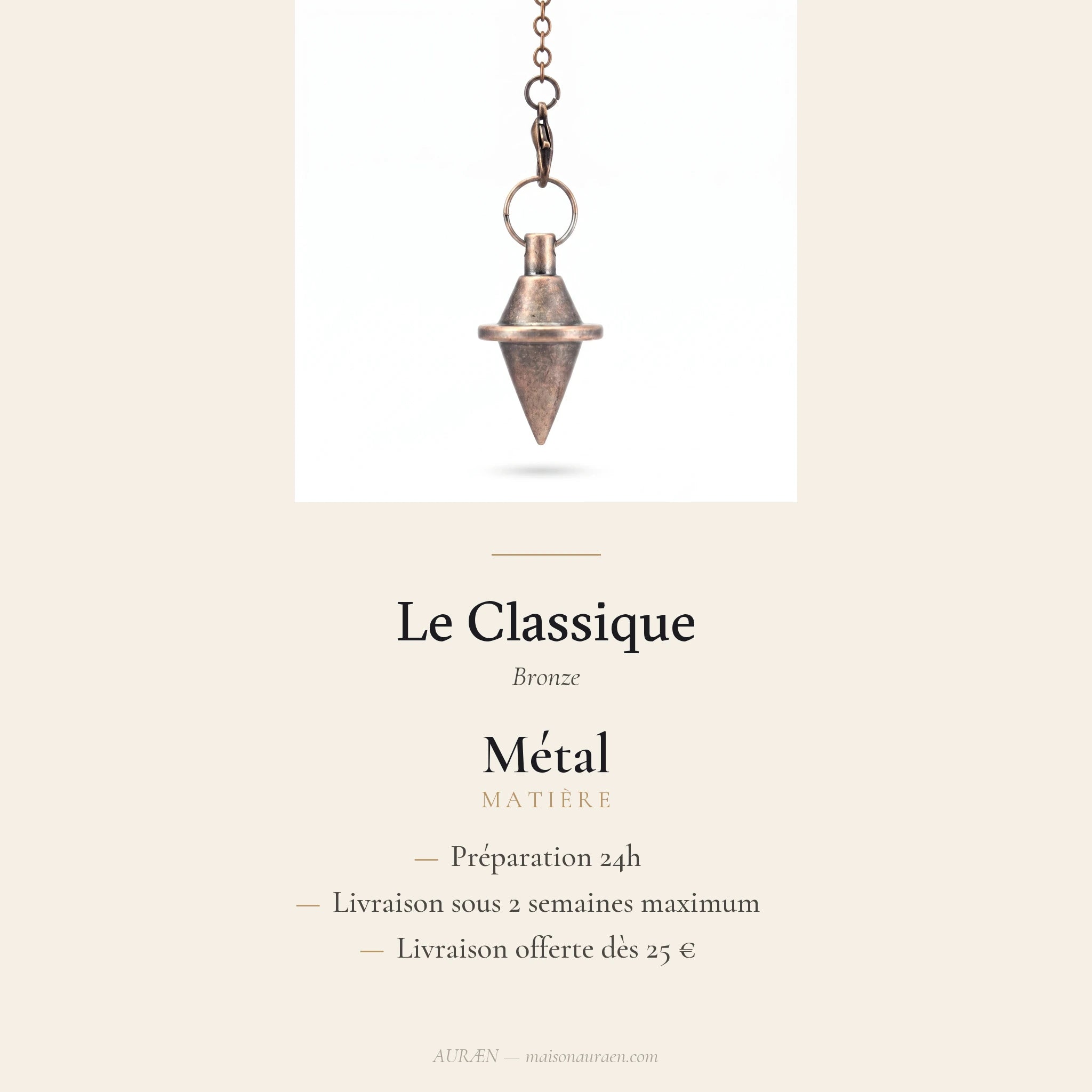 Le Classique — Pendule de divination métal — fiche d'information · AURÆN Objets Sacrés