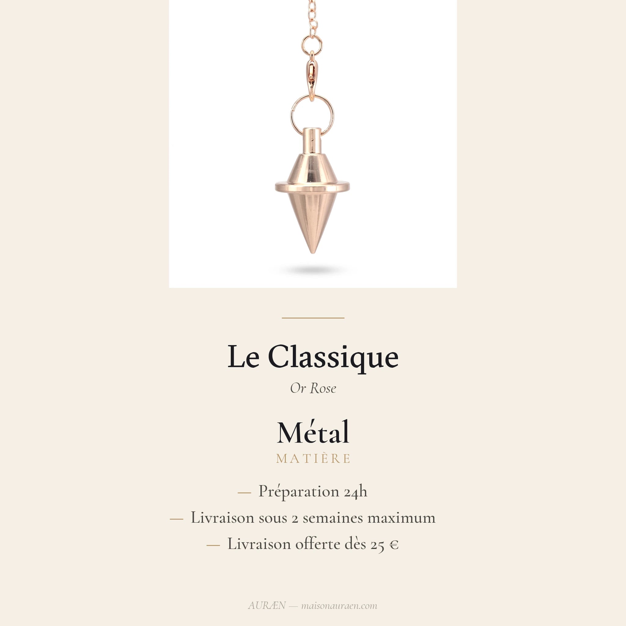 Le Classique — Pendule de divination métal — fiche d'information · AURÆN Objets Sacrés