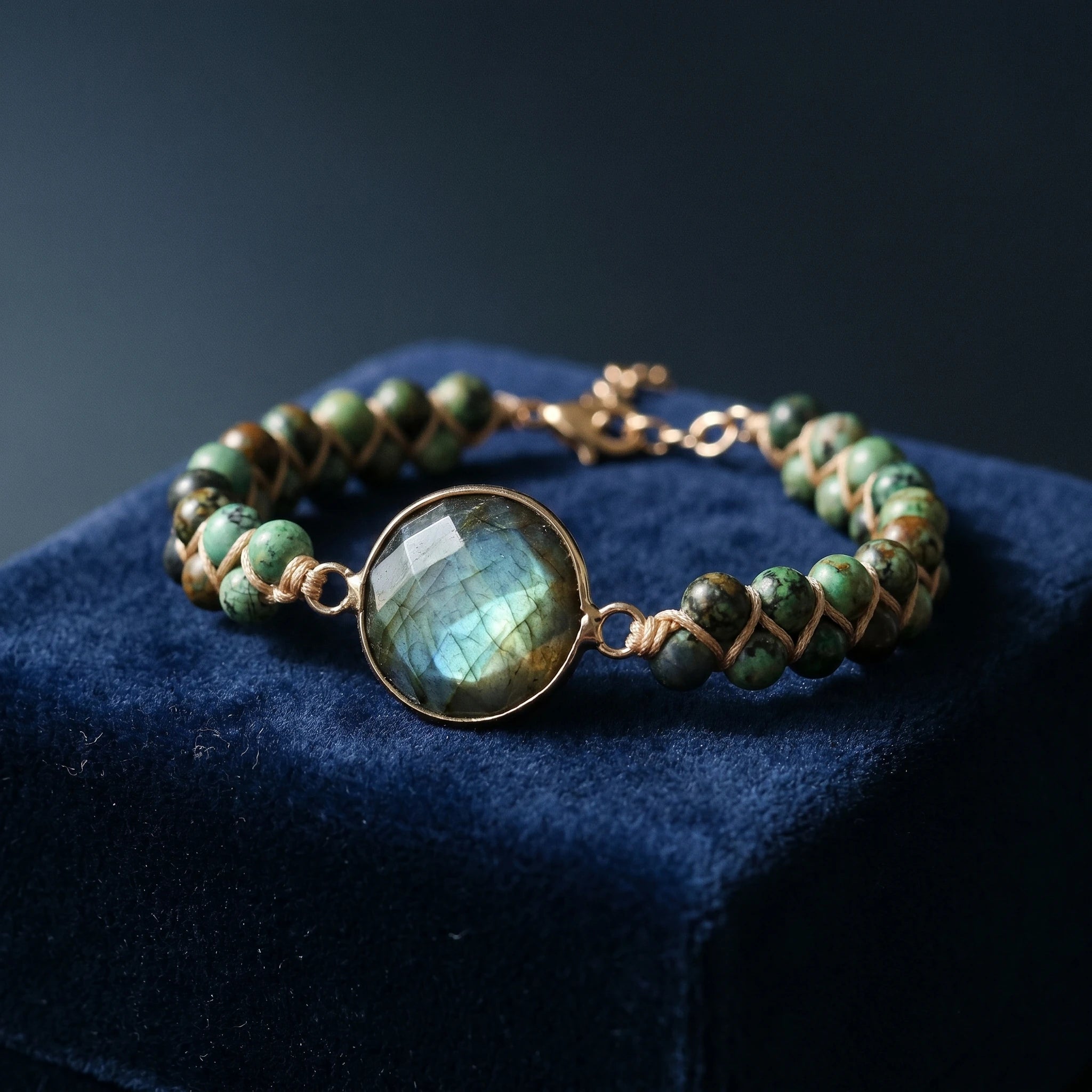 La Labradorite — Bracelet aux reflets bleutés — détail matière · AURÆN Pierres d'Âme