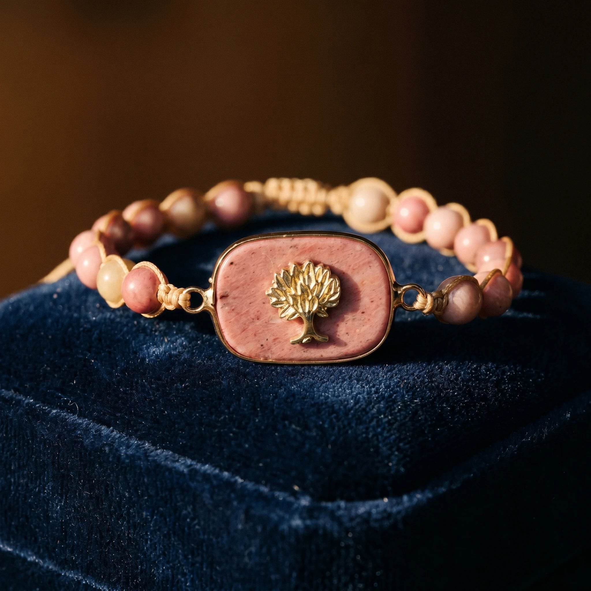L'Arbre de Vie Rose — Bracelet rhodonite à pendentif — détail matière · AURÆN Pierres d'Âme