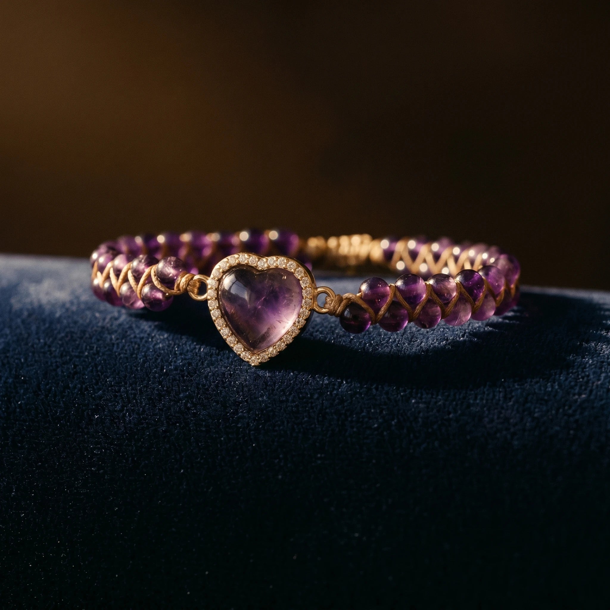Le Cœur Violet — Bracelet améthyste à pendentif cœur — détail matière · AURÆN Pierres d'Âme