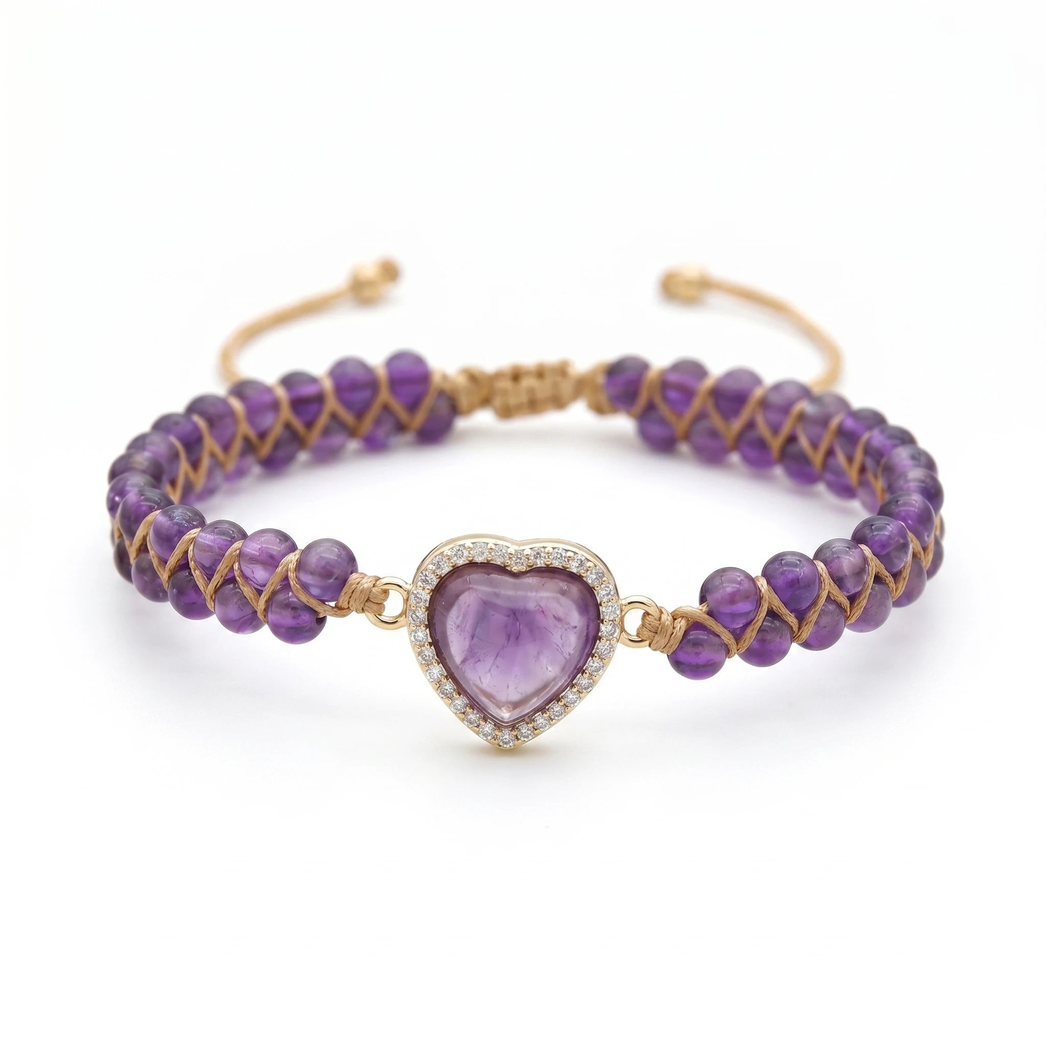 Le Cœur Violet — Bracelet améthyste à pendentif cœur — packshot fond blanc · AURÆN Pierres d'Âme