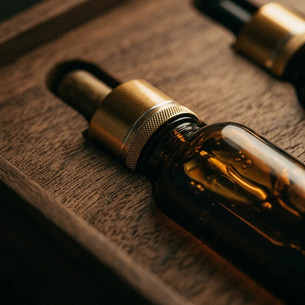 Le Coffret des Essences — 6 huiles essentielles — détail matière · AURÆN Rituels d'Or