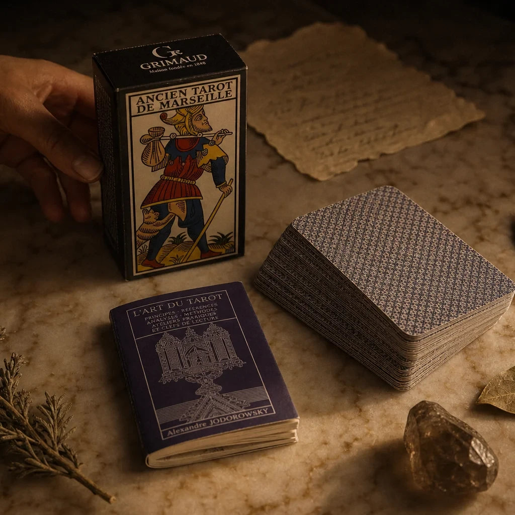L'Augure — Tarot de Marseille traditionnel 78 cartes — mise en scène rituelle · AURÆN Objets Sacrés