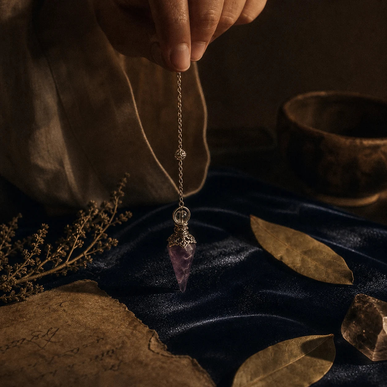 Le Pendule d'Améthyste — pendule de radiesthésie en améthyste naturelle — mise en scène rituelle · AURÆN Objets Sacrés