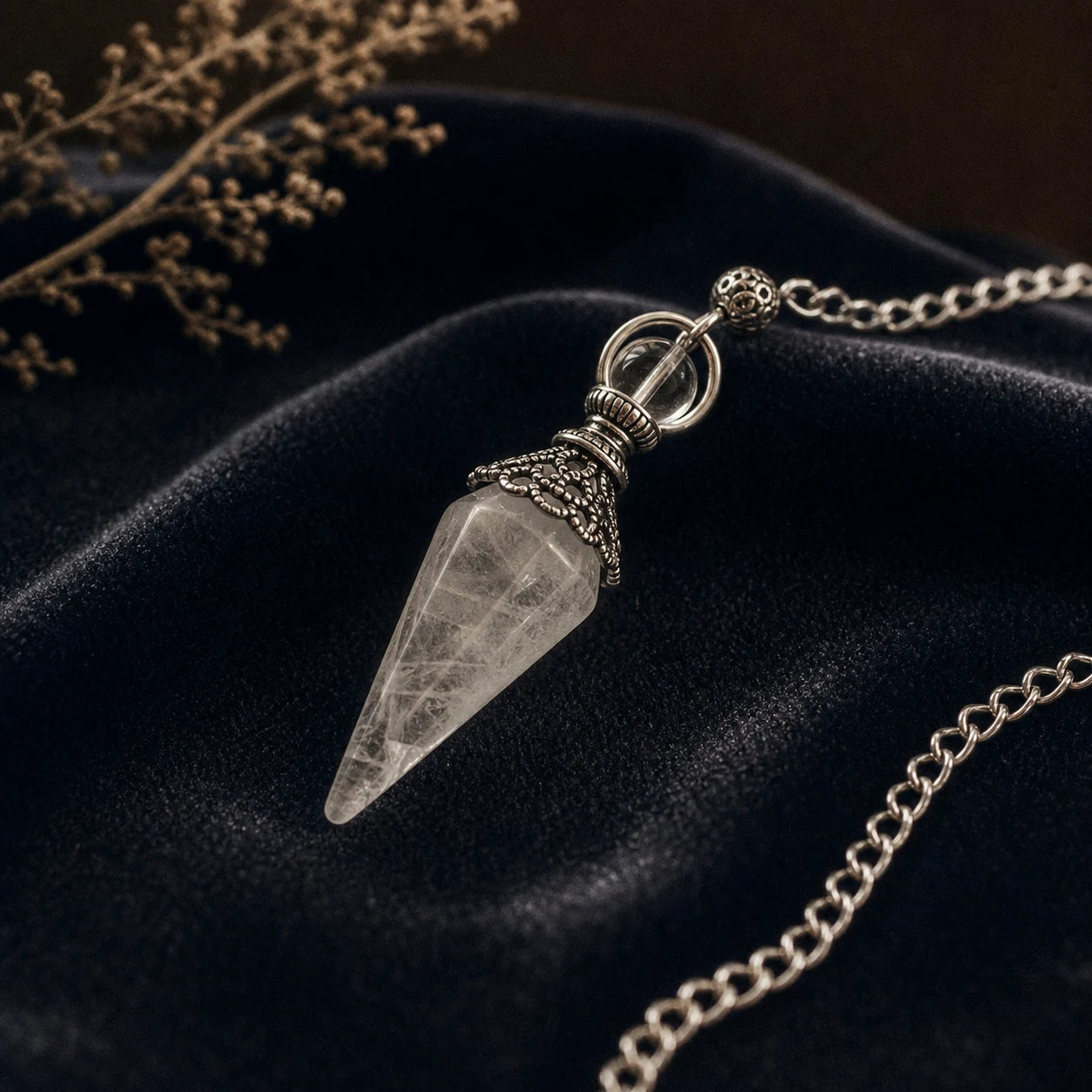 Le Pendule de Cristal de Roche — pendule de radiesthésie en cristal de roche naturel — vue principale · AURÆN Objets Sacrés