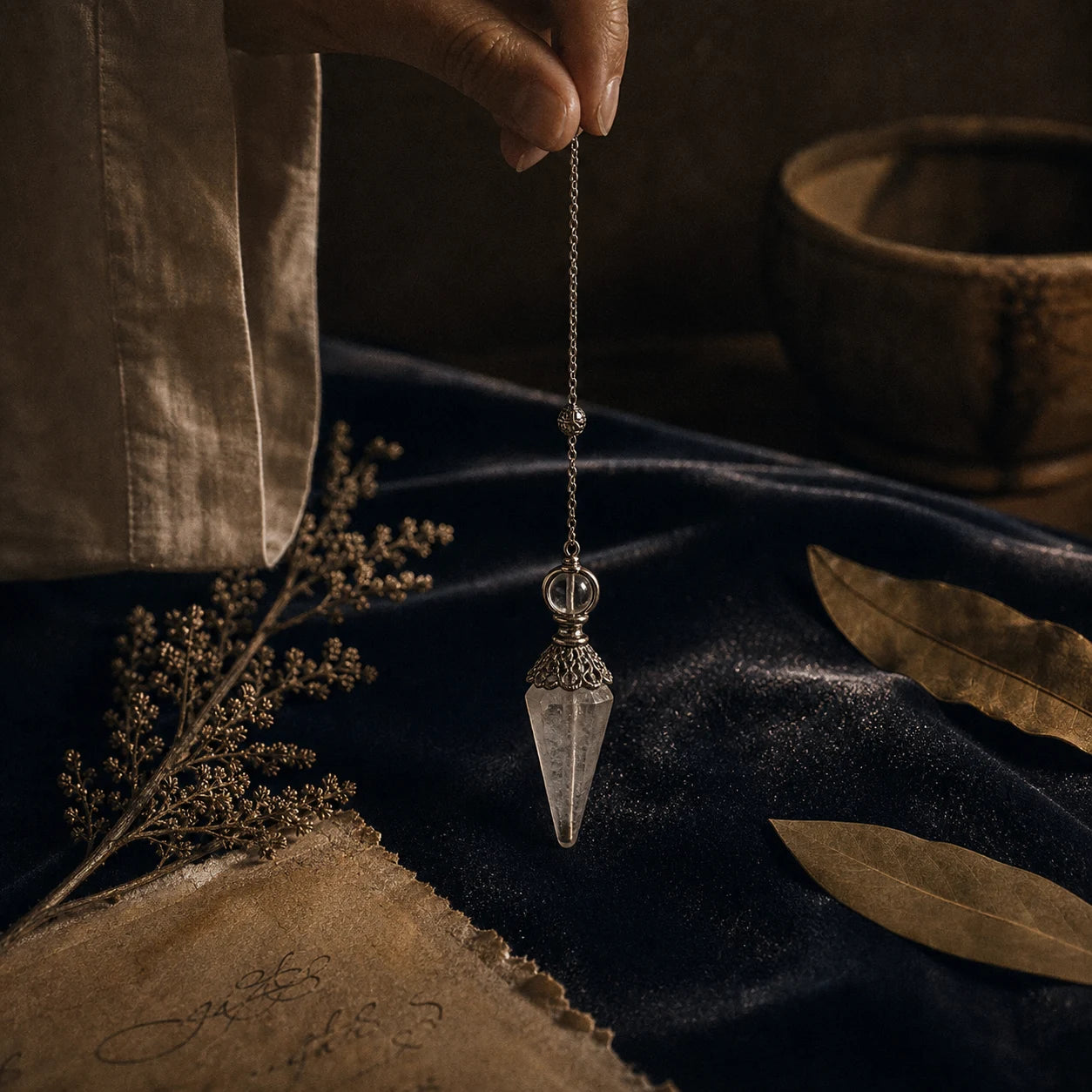Le Pendule de Cristal de Roche — pendule de radiesthésie en cristal de roche naturel — mise en scène rituelle · AURÆN Objets Sacrés