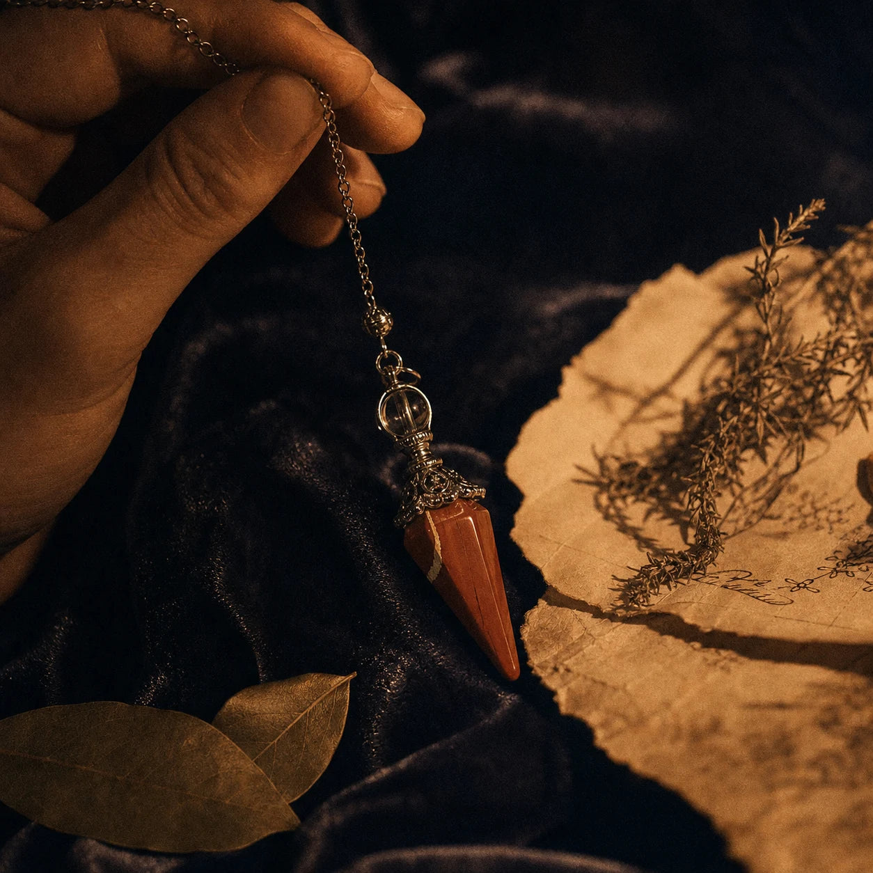 Le Pendule de Jaspe Rouge — pendule de radiesthésie en jaspe rouge naturel — mise en scène rituelle · AURÆN Objets Sacrés