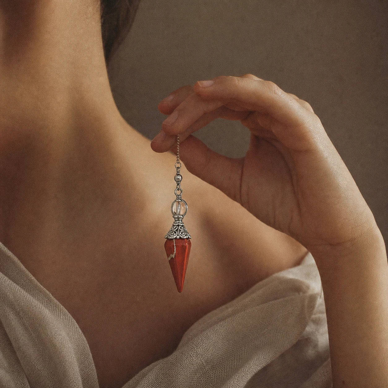 Le Pendule de Jaspe Rouge — pendule de radiesthésie en jaspe rouge naturel — porté · AURÆN Objets Sacrés