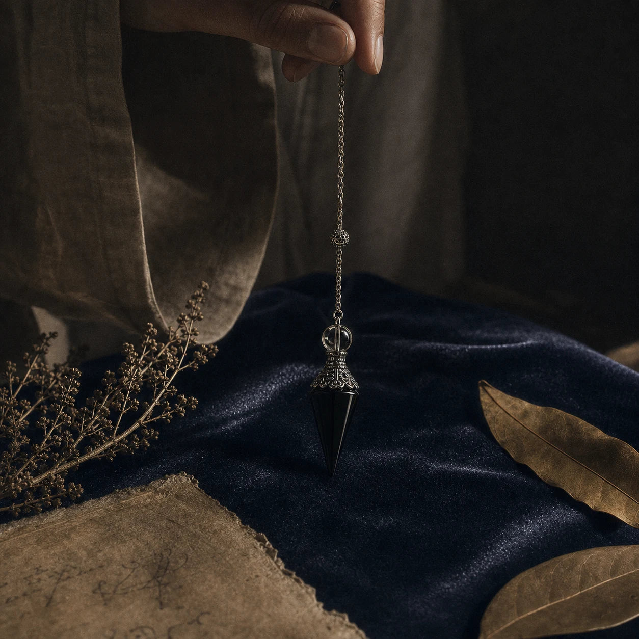 Le Pendule d'Obsidienne — pendule de radiesthésie en obsidienne noire naturelle — mise en scène rituelle · AURÆN Objets Sacrés