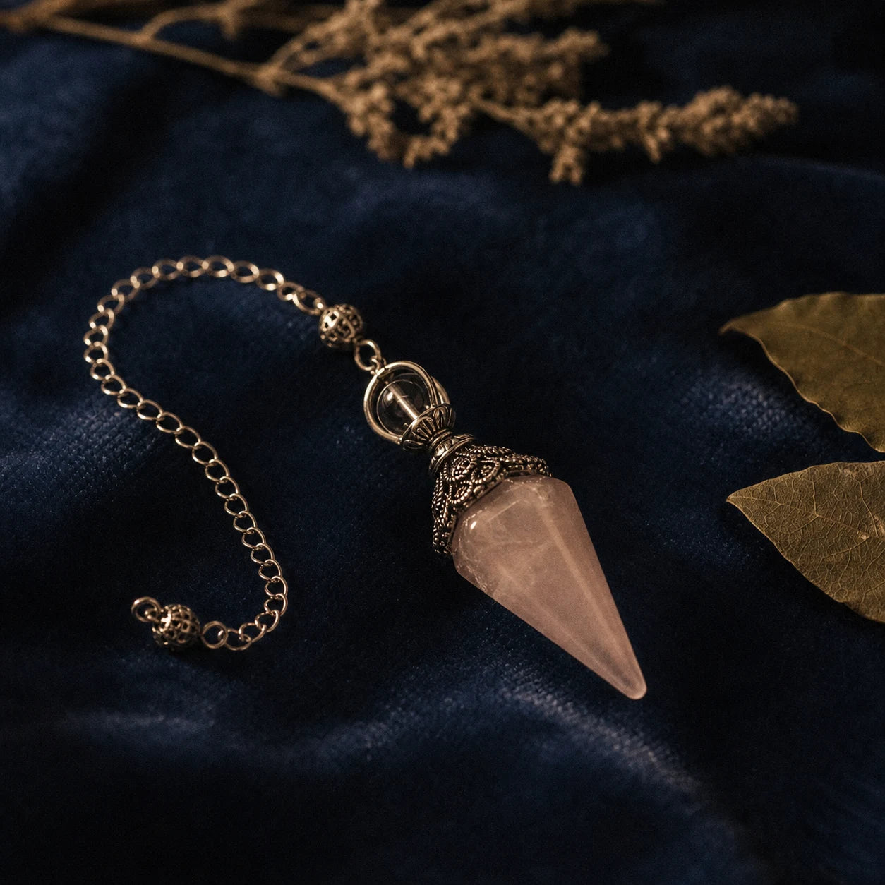 Le Pendule de Quartz Rose — pendule de radiesthésie en quartz rose naturel — mise en scène rituelle · AURÆN Objets Sacrés