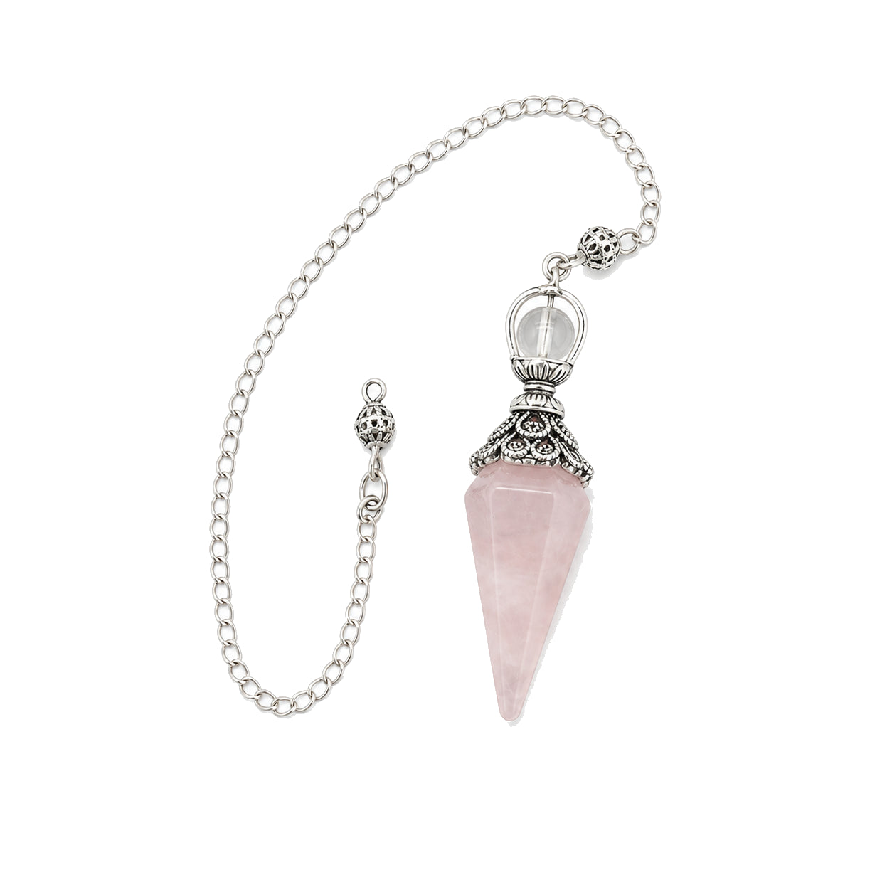 Le Pendule de Quartz Rose — pendule de radiesthésie en quartz rose naturel — packshot fond blanc · AURÆN Objets Sacrés