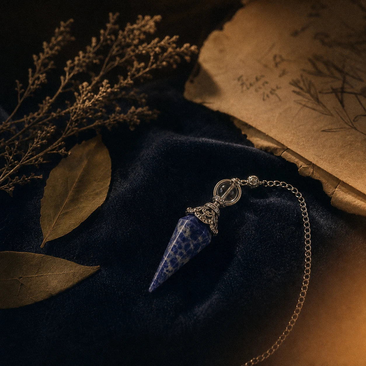 Le Pendule de Sodalite — pendule de radiesthésie en sodalite naturelle — mise en scène rituelle · AURÆN Objets Sacrés