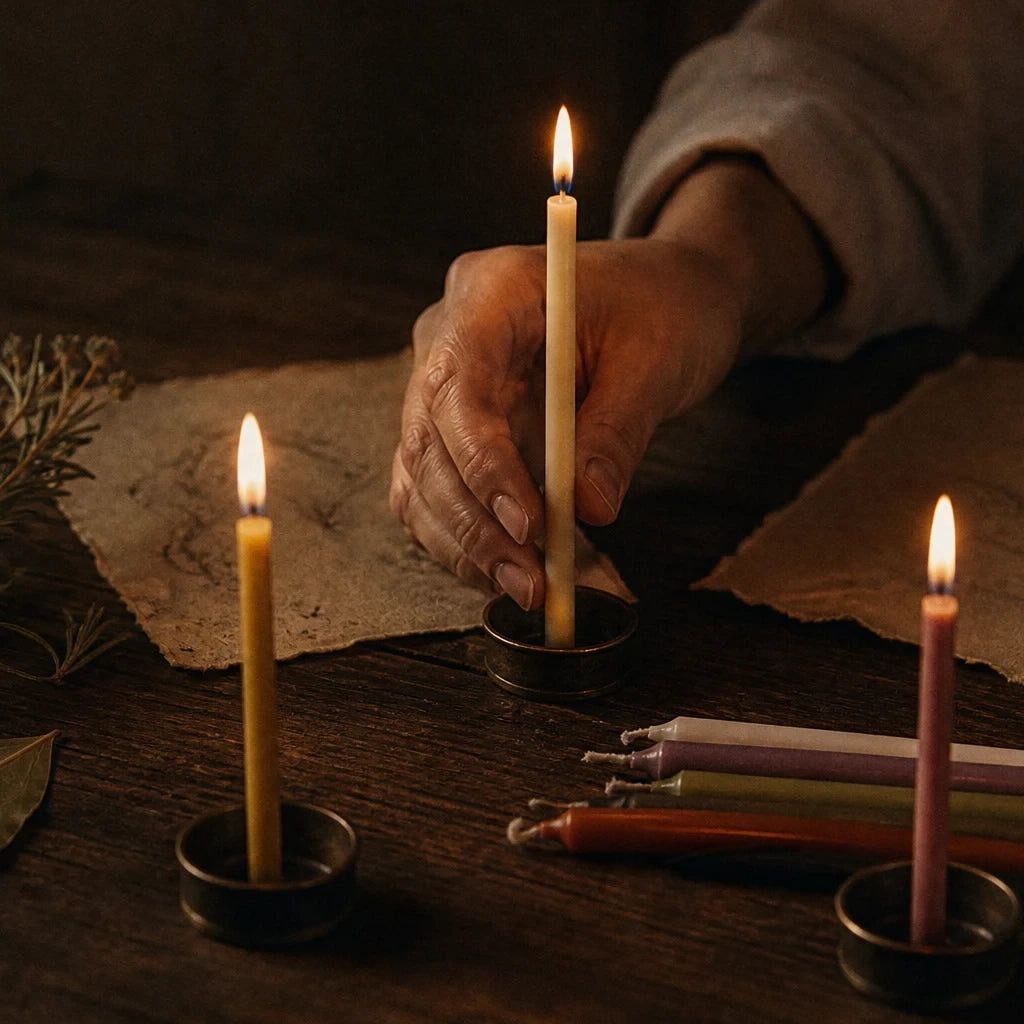 Les Petites Flammes — 12 bougies coniques colorées (rituel &amp; chevet) — mise en scène rituelle · AURÆN Rituels d'Or