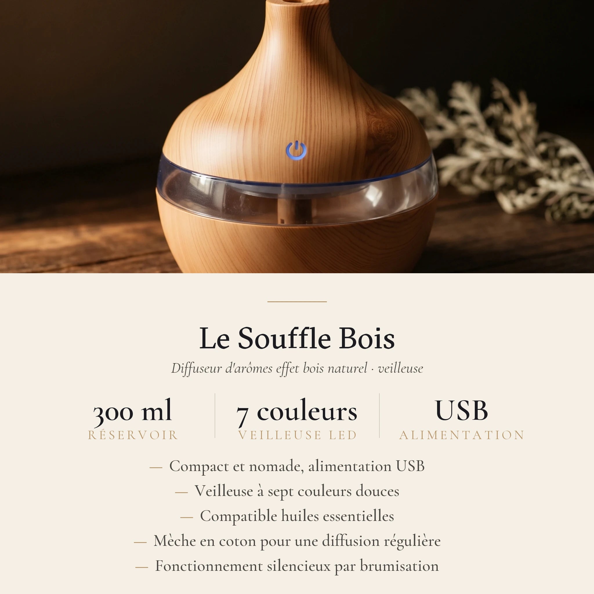 Le Souffle Bois — Diffuseur d'arômes effet bois naturel — fiche d'information · AURÆN Rituels d'Or