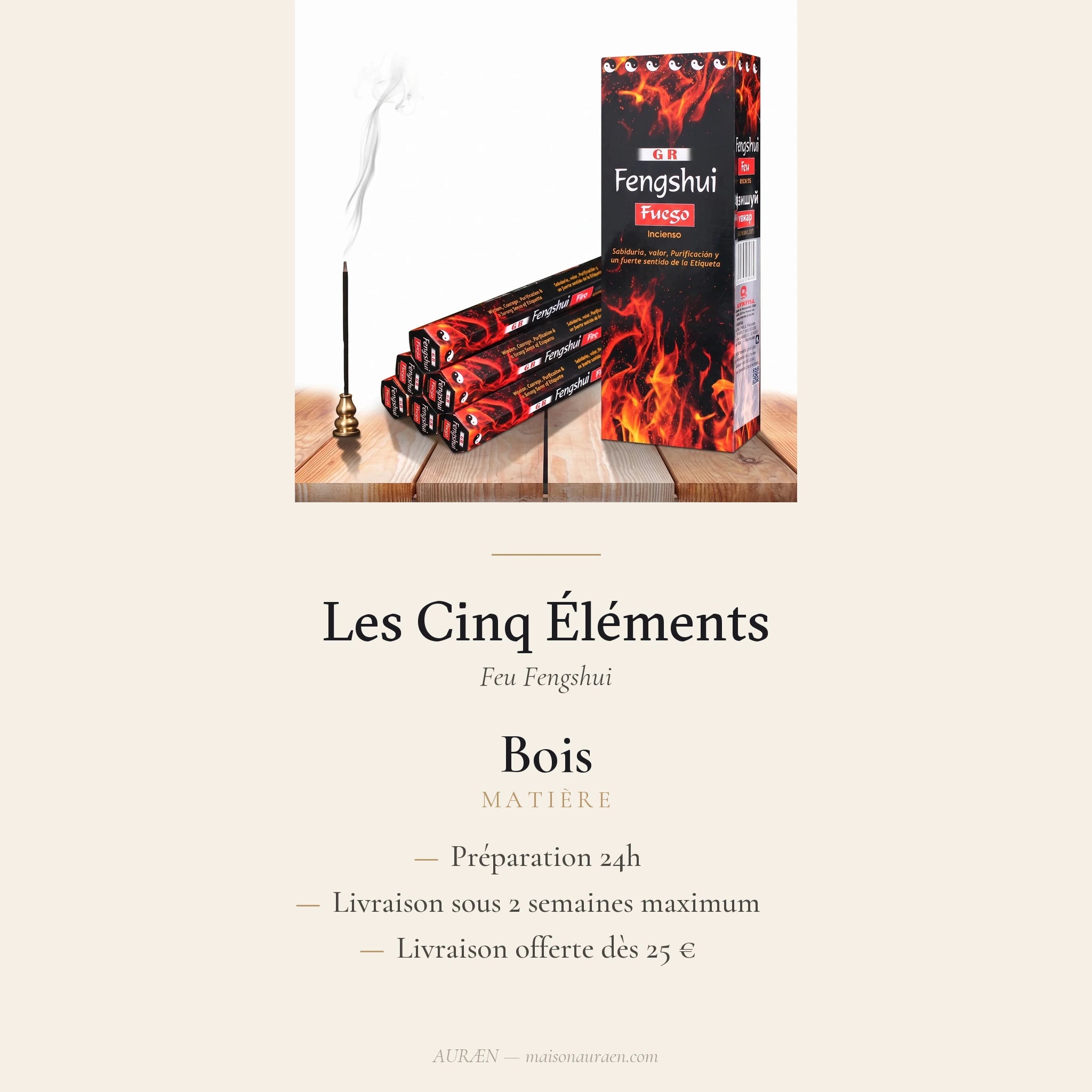Les Cinq Éléments — Encens Feng Shui assortis — fiche d'information · AURÆN Rituels d'Or