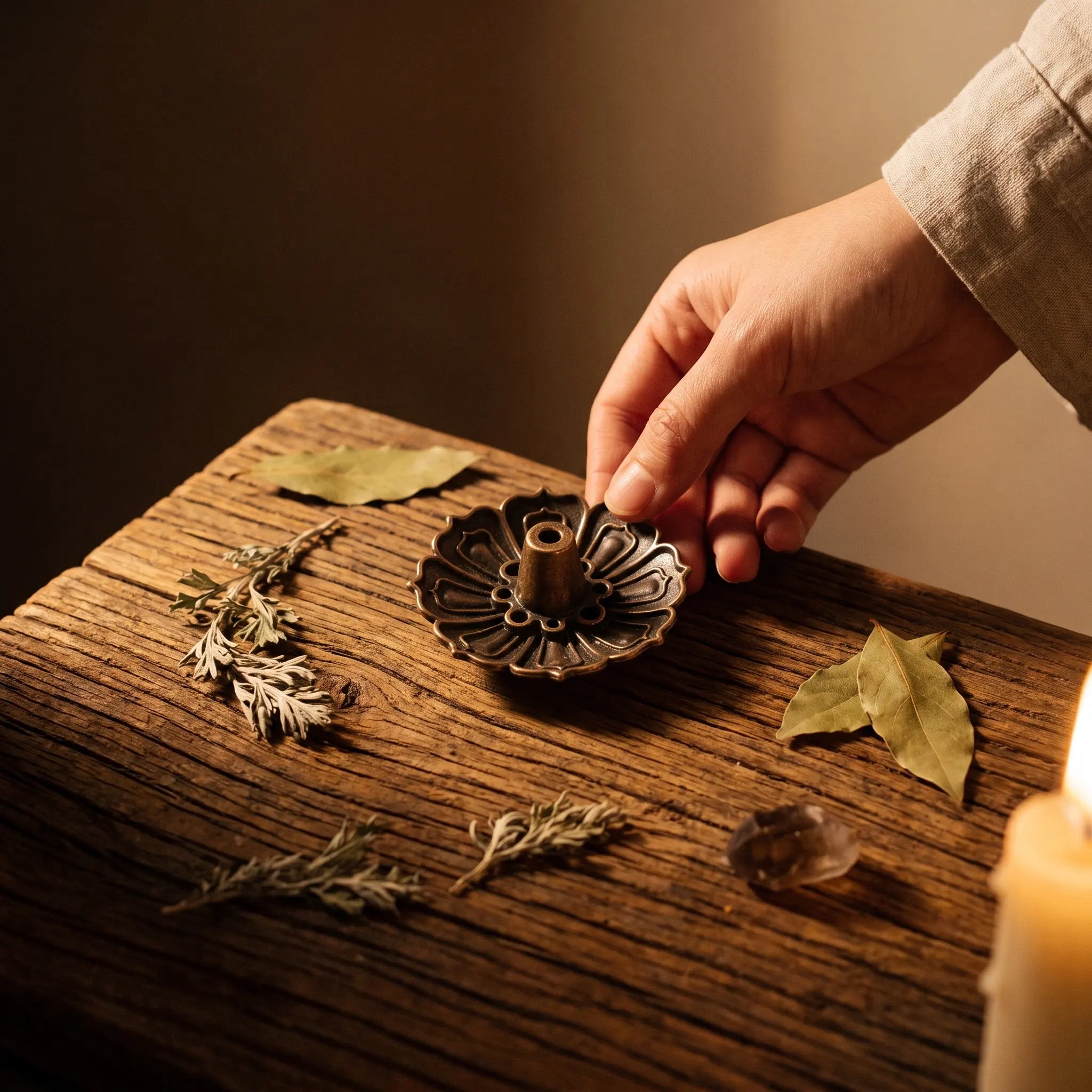 Le Foyer — Porte-encens en bois sculpté — mise en scène rituelle · AURÆN Rituels d'Or