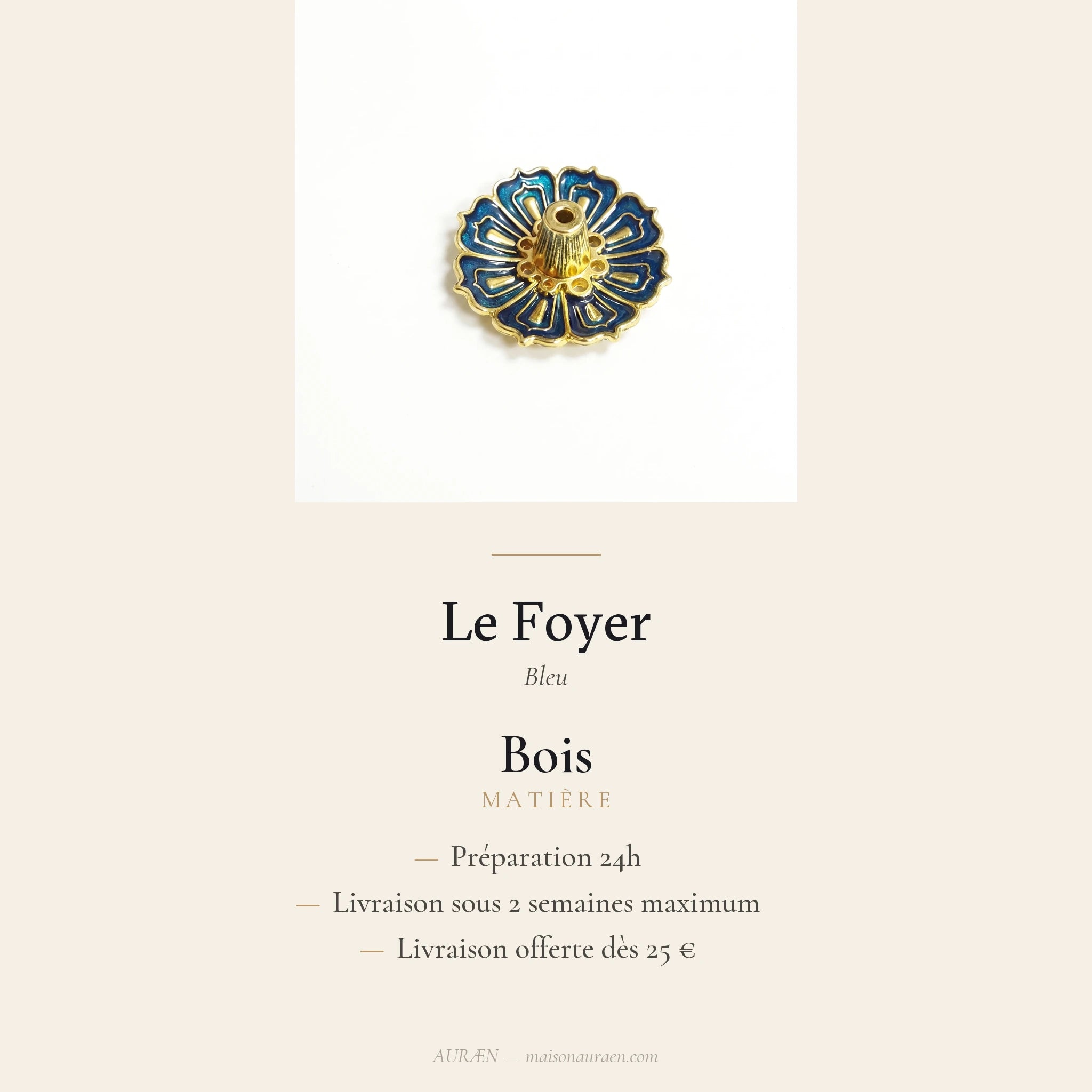 Le Foyer — Porte-encens en bois sculpté — fiche d'information · AURÆN Rituels d'Or