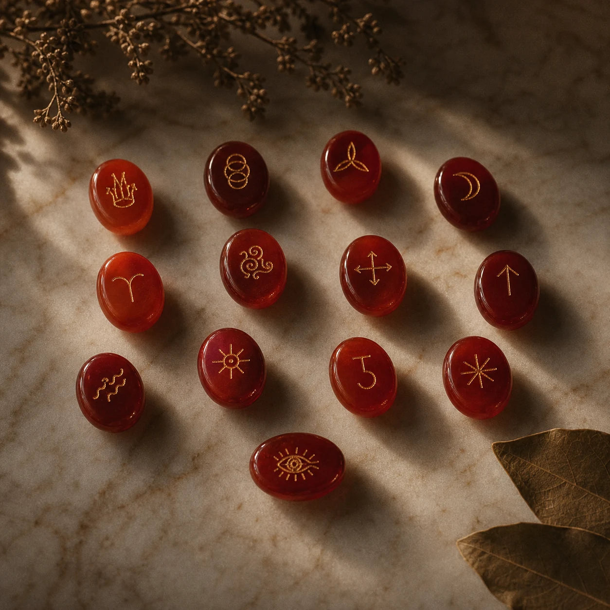 Le Cercle des Murmures — 13 pierres gravées de symboles oraculaires — mise en scène rituelle · AURÆN Objets Sacrés