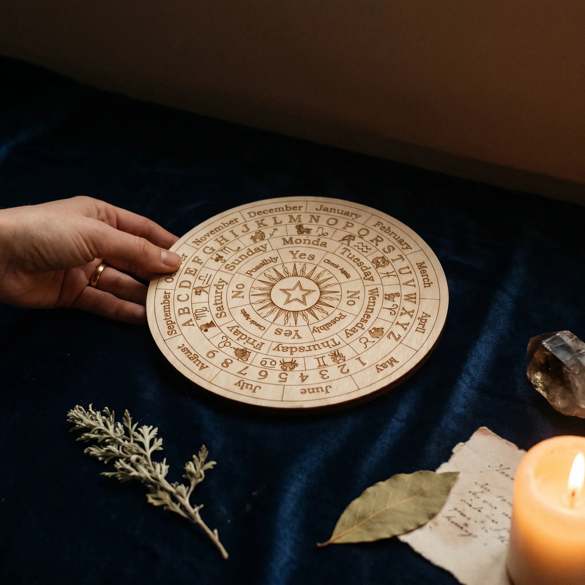 Le Cadran de Bois — Planche à pendule sculptée — mise en scène rituelle · AURÆN Objets Sacrés
