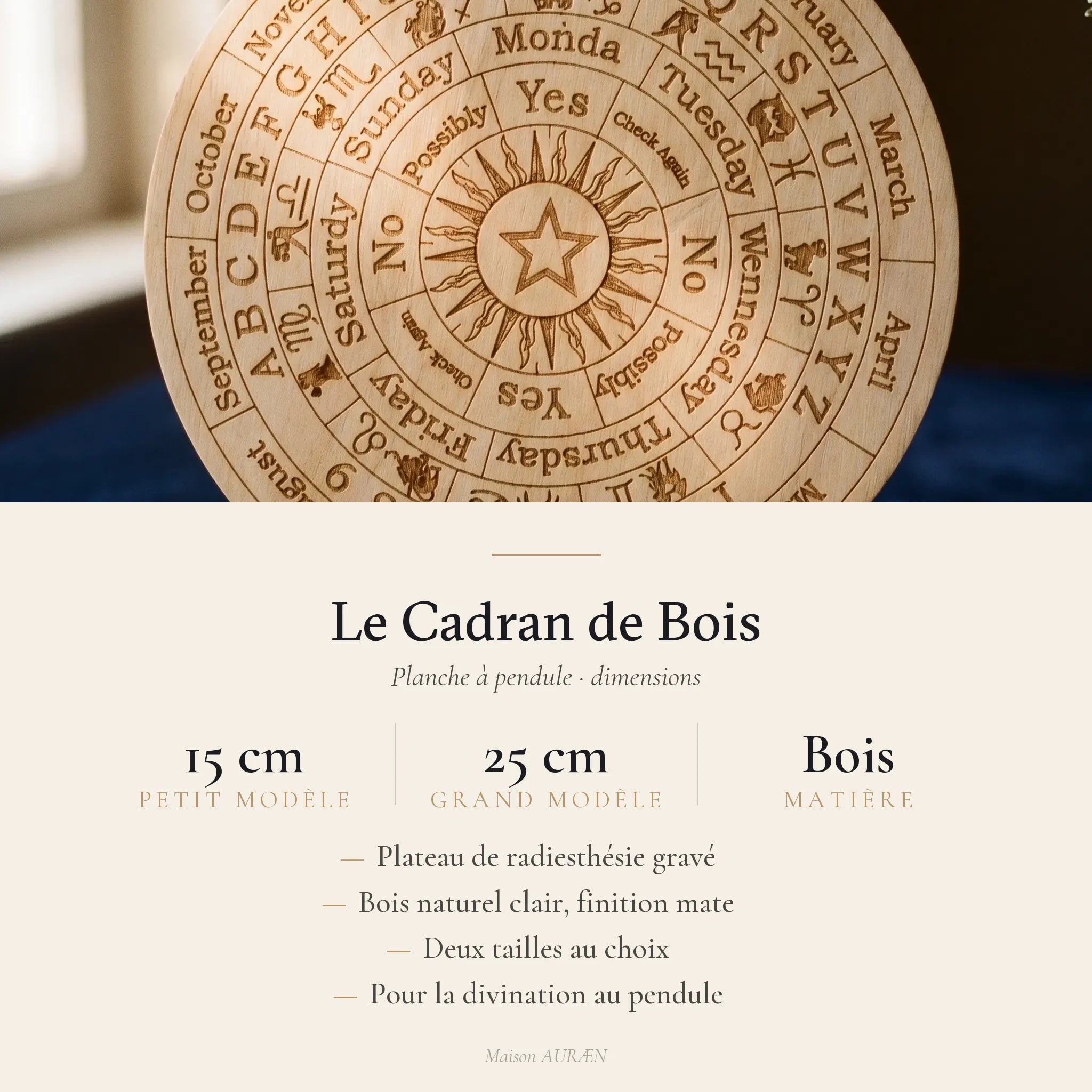 Le Cadran de Bois — Planche à pendule sculptée — dimensions · AURÆN Objets Sacrés