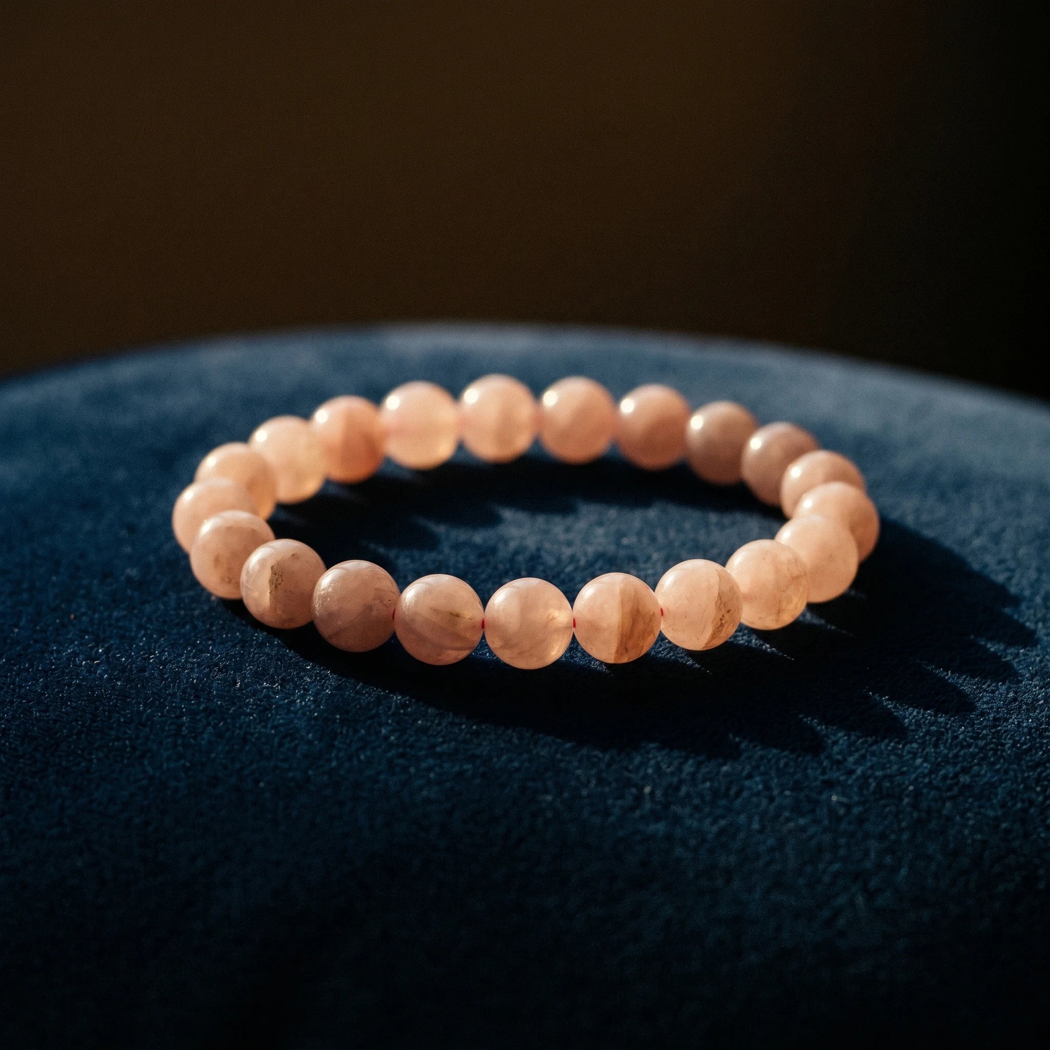 Le Cœur — Bracelet de quartz rose 8mm — détail matière · AURÆN Pierres d'Âme