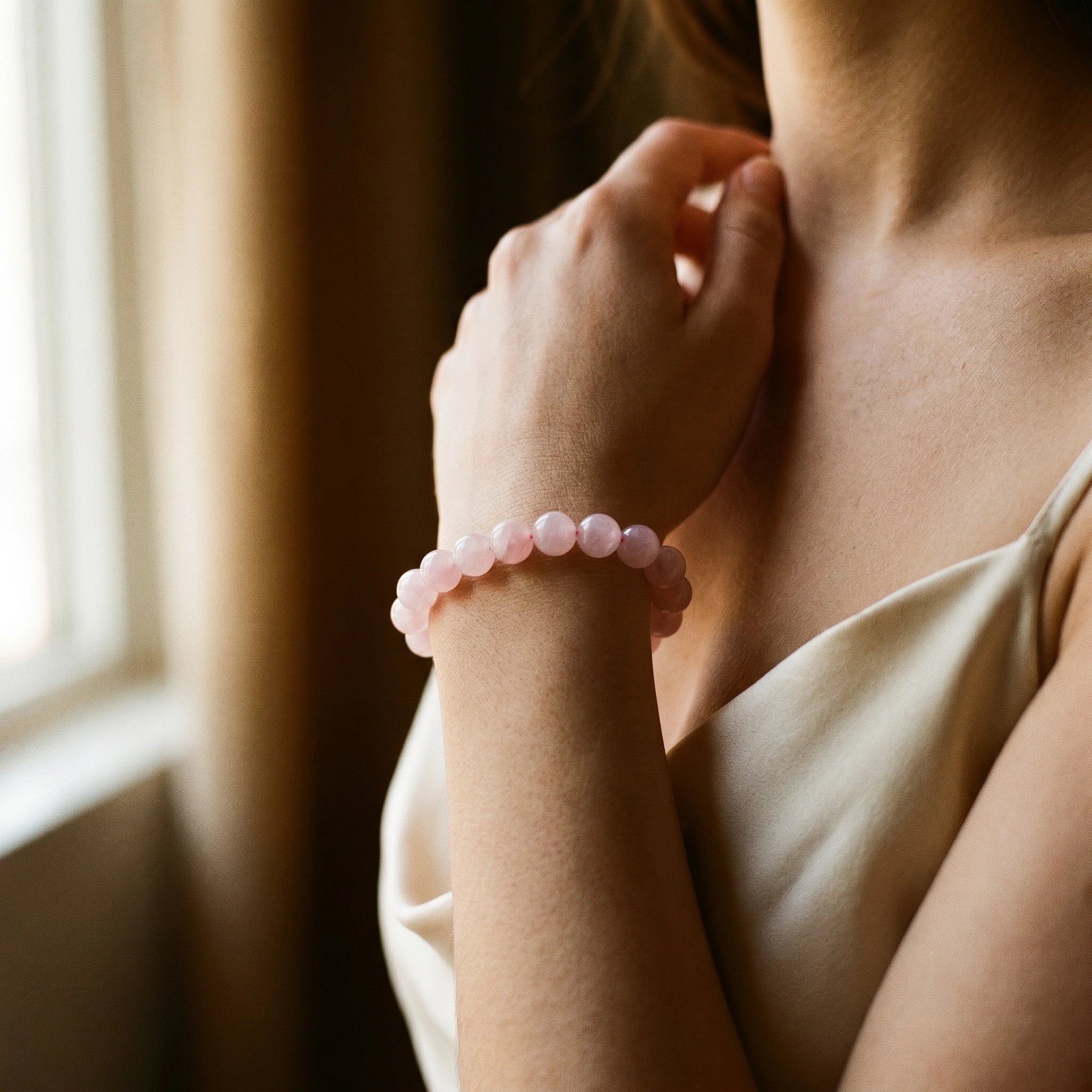 Le Cœur — Bracelet de quartz rose 8mm — porté · AURÆN Pierres d'Âme