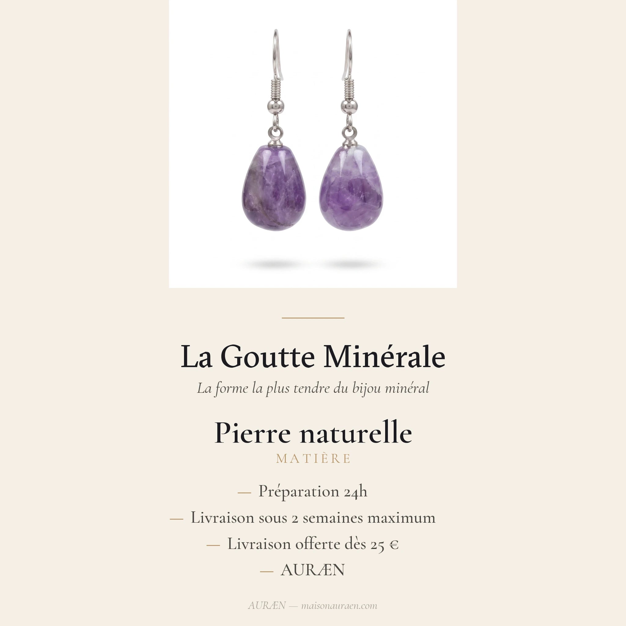 La Goutte Minérale — Boucles d'oreilles goutte en pierres — fiche d'information · AURÆN Pierres d'Âme