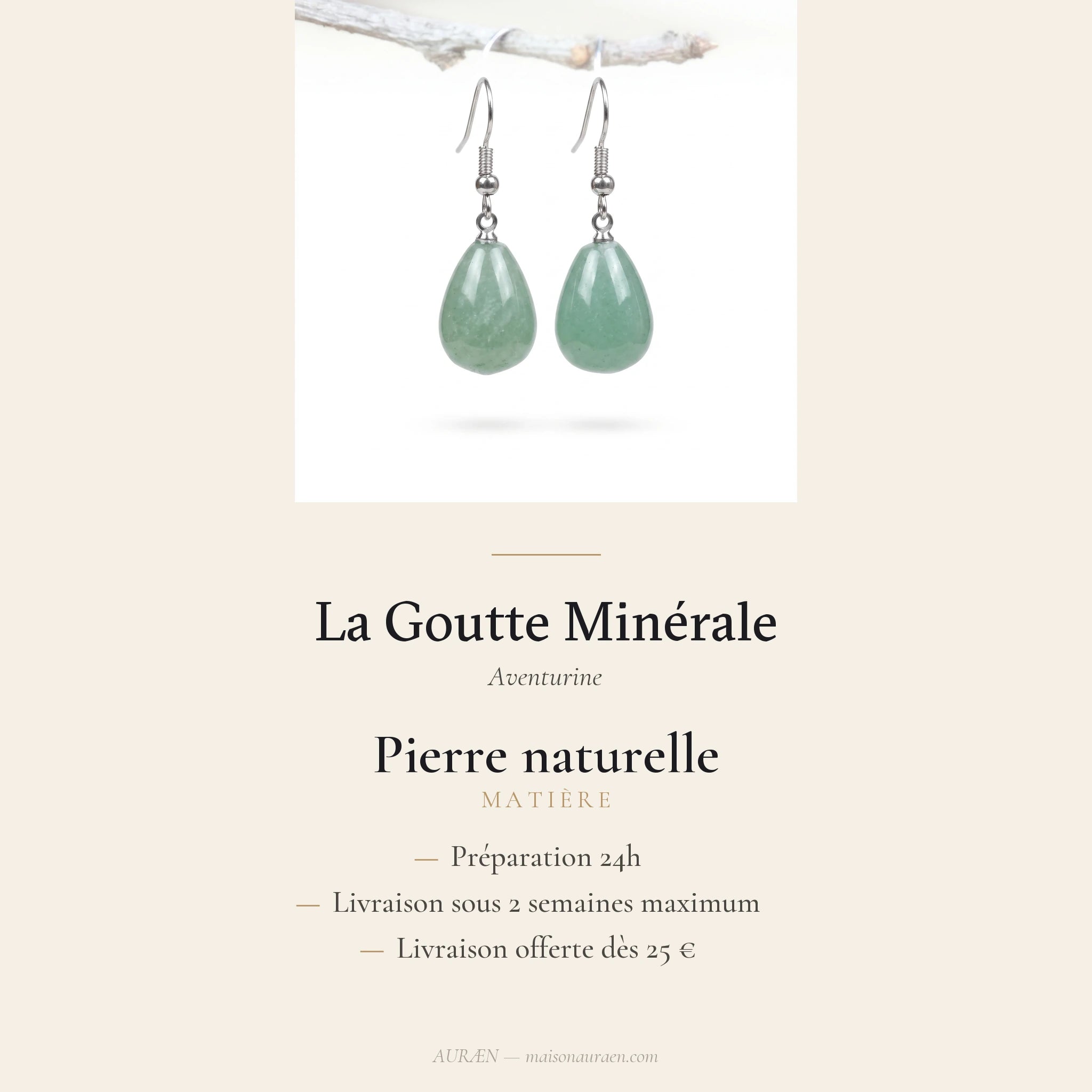 La Goutte Minérale — Boucles d'oreilles goutte en pierres — fiche d'information · AURÆN Pierres d'Âme