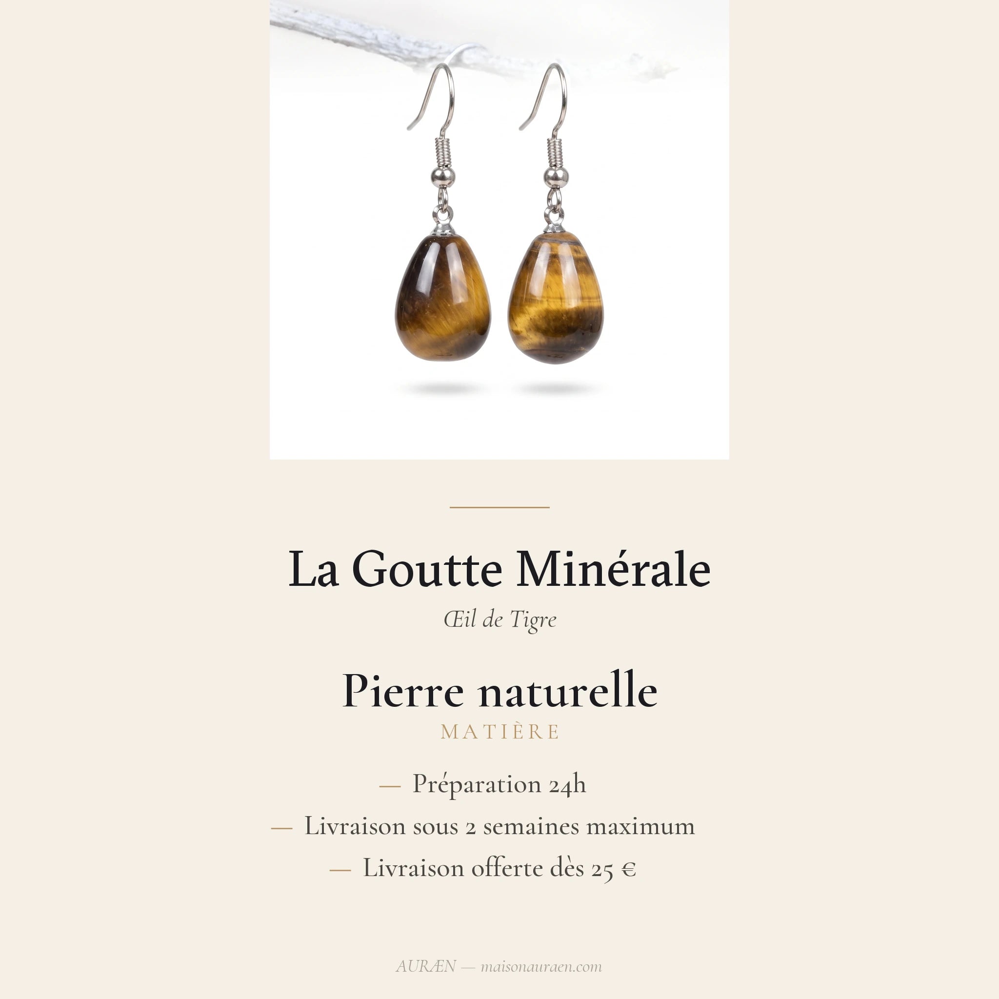 La Goutte Minérale — Boucles d'oreilles goutte en pierres — fiche d'information · AURÆN Pierres d'Âme