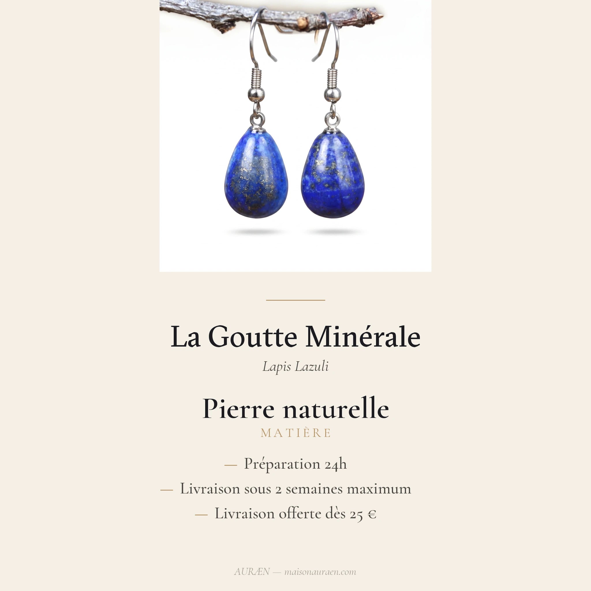 La Goutte Minérale — Boucles d'oreilles goutte en pierres — fiche d'information · AURÆN Pierres d'Âme