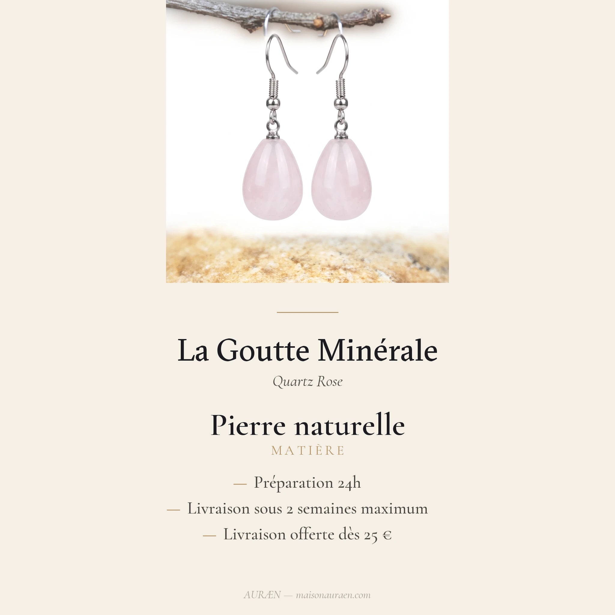 La Goutte Minérale — Boucles d'oreilles goutte en pierres — fiche d'information · AURÆN Pierres d'Âme