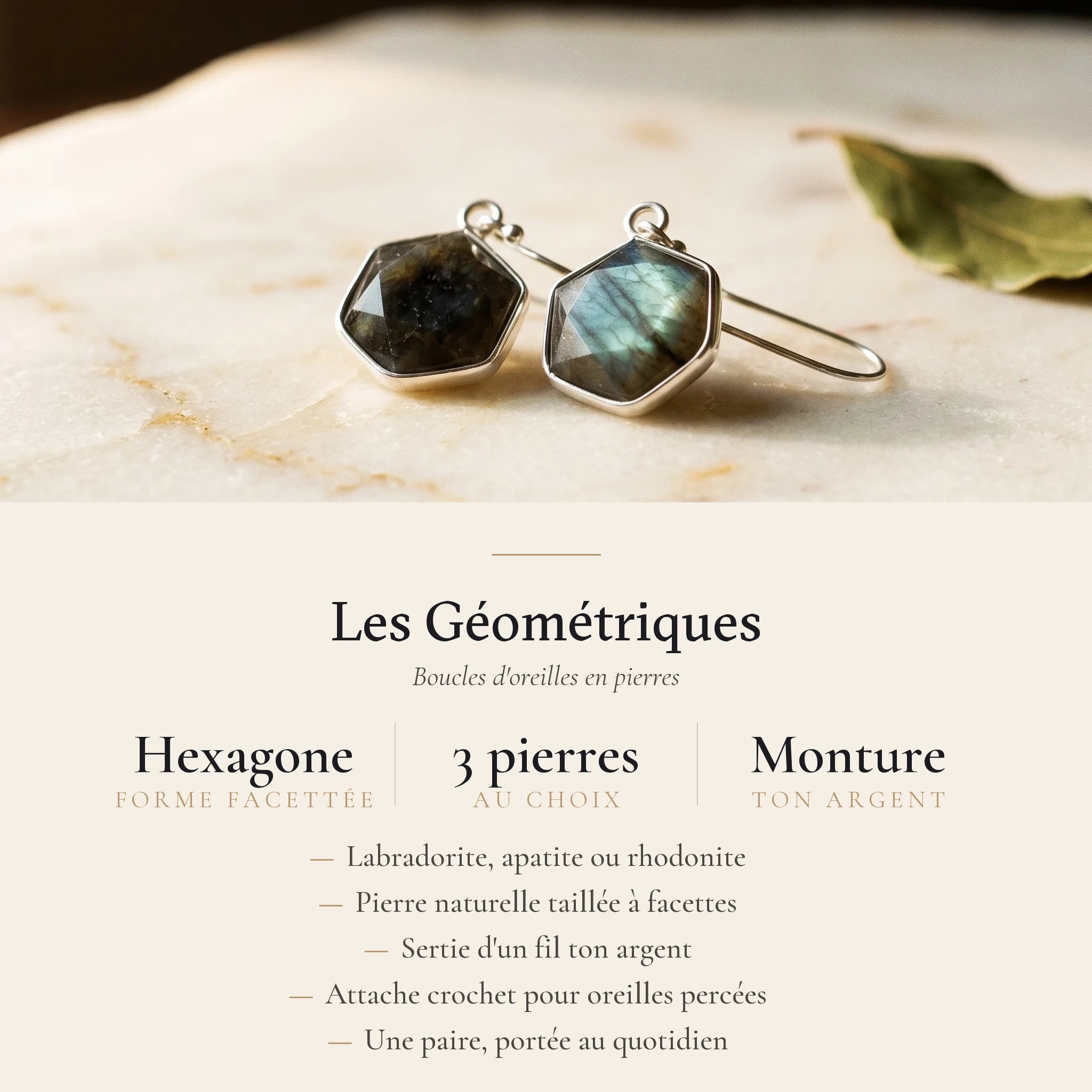 Les Géométriques — Boucles d'oreilles formes en pierres — fiche d'information · AURÆN Pierres d'Âme